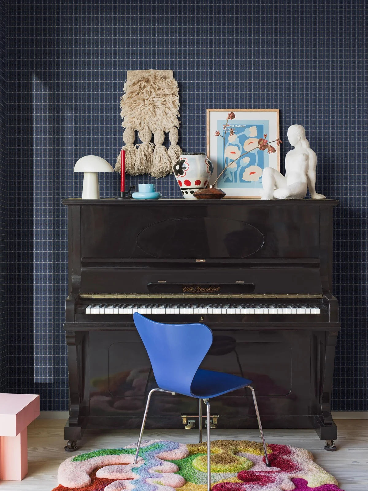 Non-woven paper wallpaper with a checkered pattern ALVAR AALTO M.I.T blue