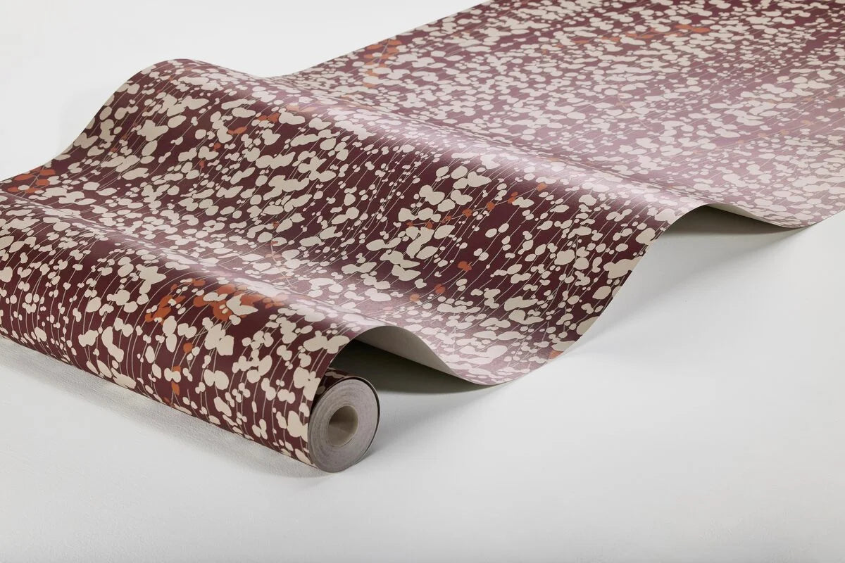 Burgundy Leaf Patterned Wallpaper RANKE with Beige