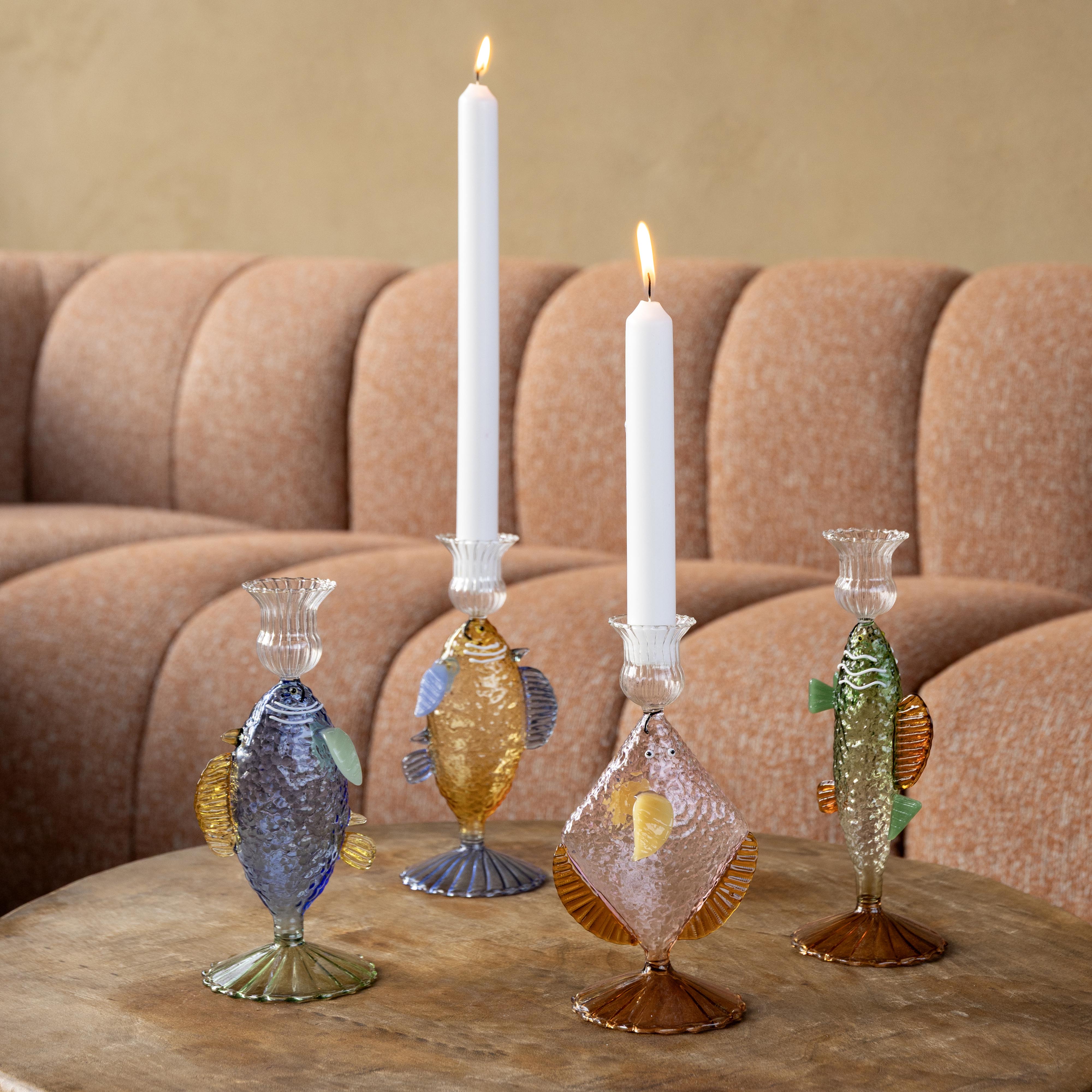 Green Glass Candle Holder FISH with Amber