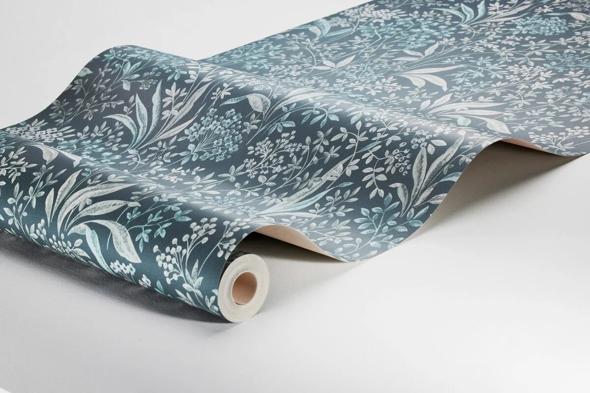Non-woven paper wallpaper with a botanical pattern NOCTURNE dark blue