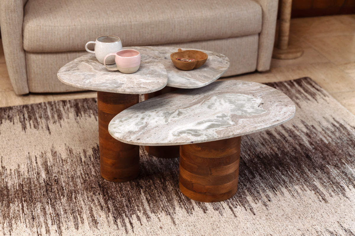 Set of tables bitch white marble with mango wood