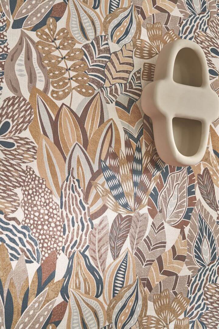 Tapete mit pflanzlichem Blattmotiv ALFABIA - ACAJOU/TAUPE rot mit braun