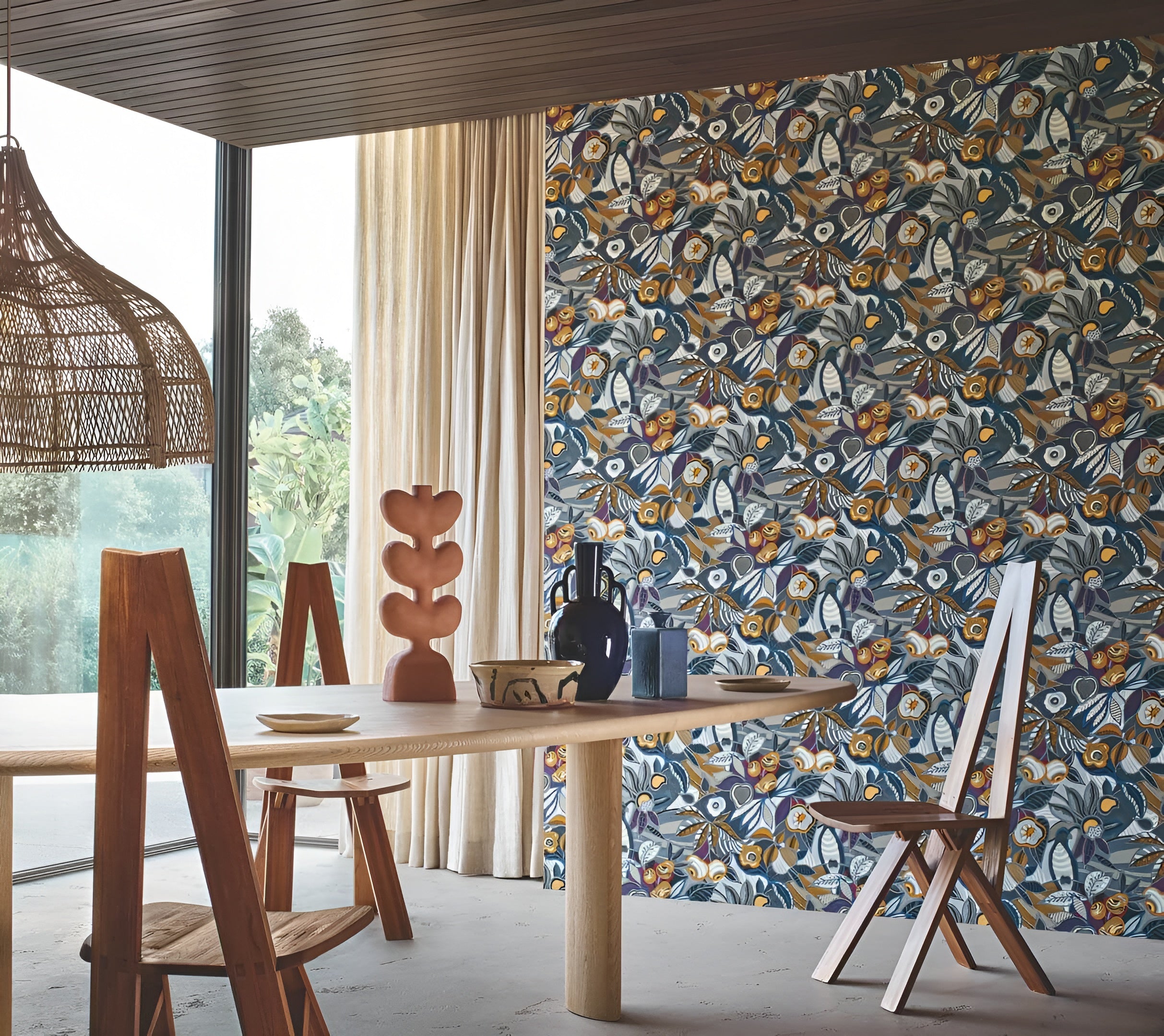 Structural wallpaper with a plant motif of leaves and flowers TEHUANA - MARINE/OCHRE blue with yellow