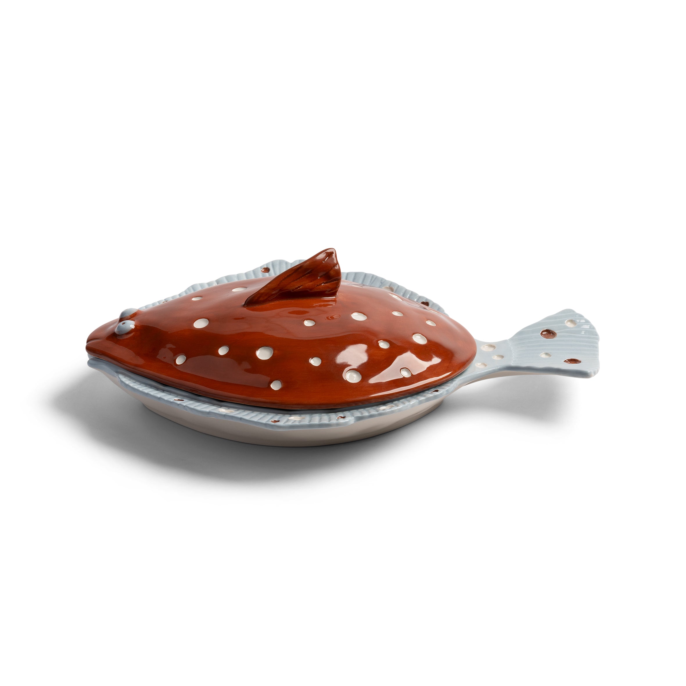 Brown PLAICE platter with lid in blue and white