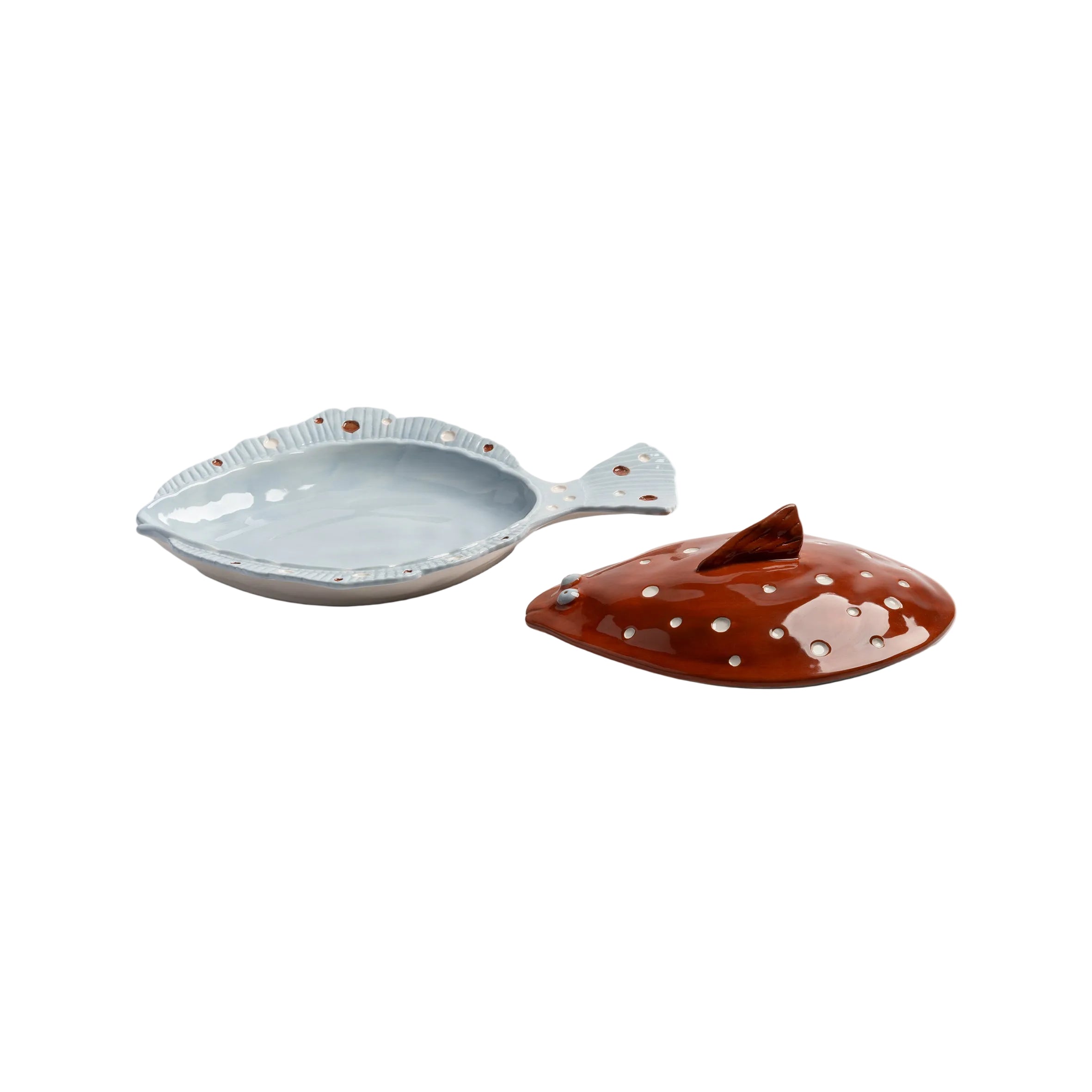 Brown PLAICE platter with lid in blue and white