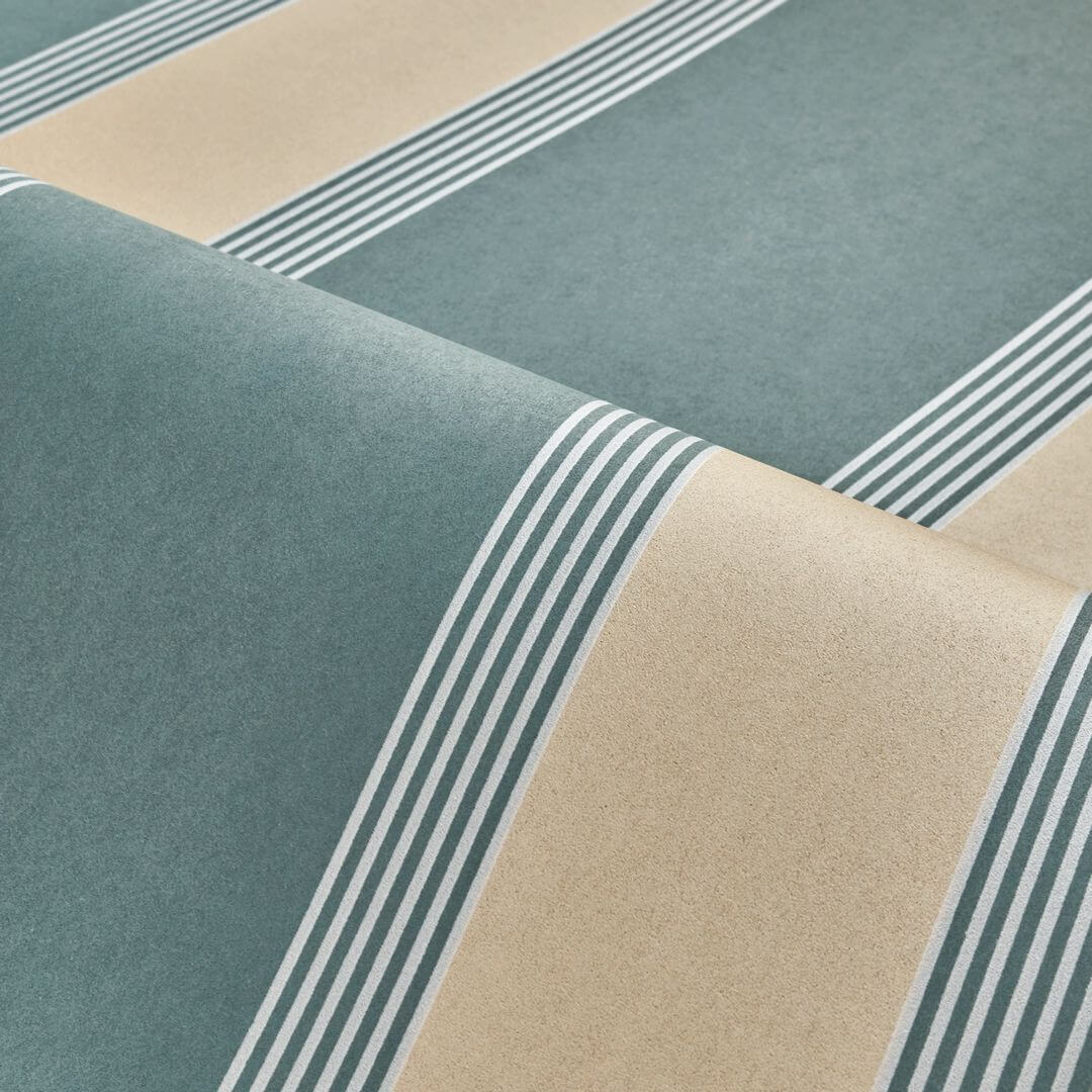 Wallpaper with geometric striped pattern AUTEUIL - CELADON/DORE mint green with gold