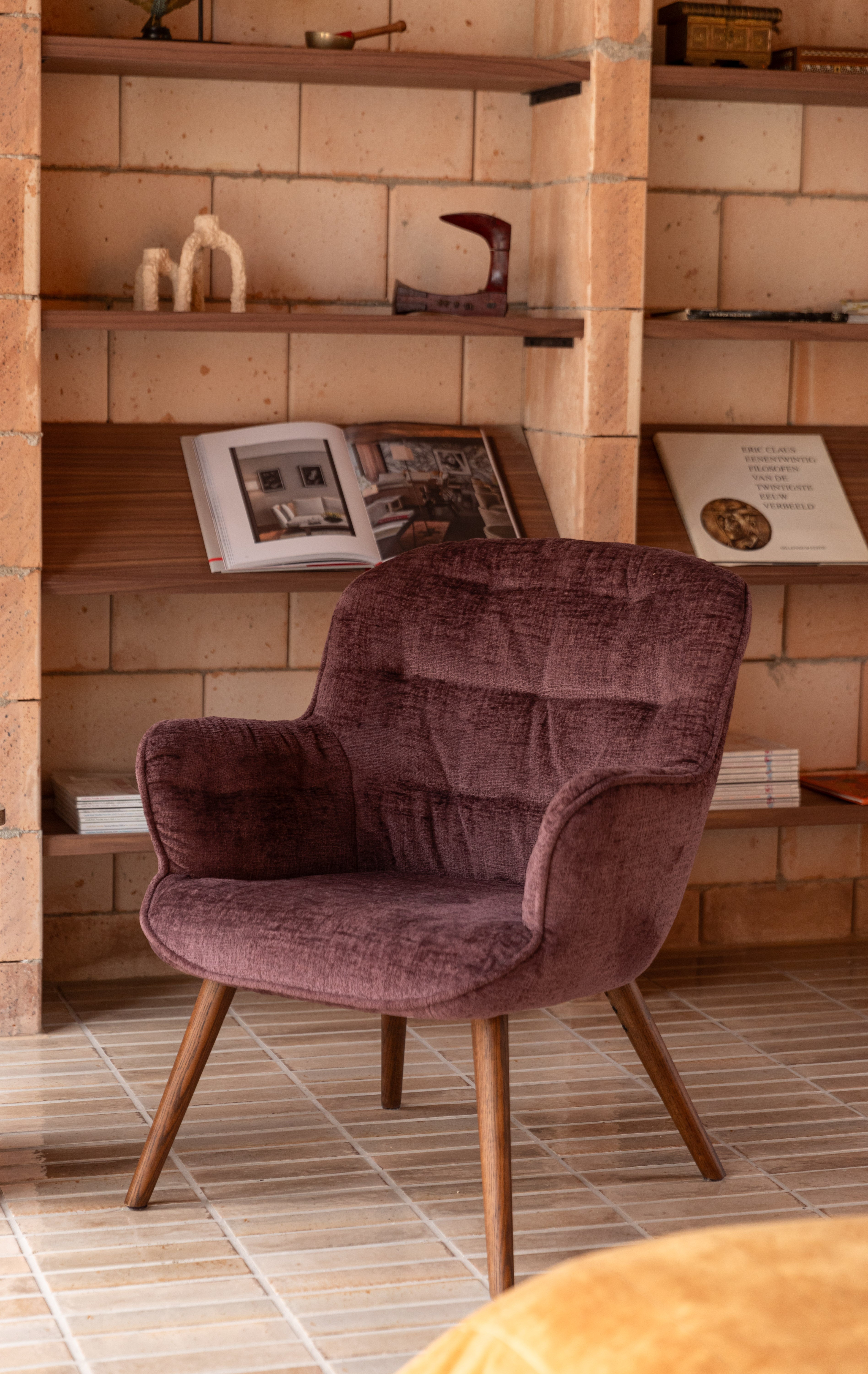 LENN Plum Velvet Armchair with Wooden Base