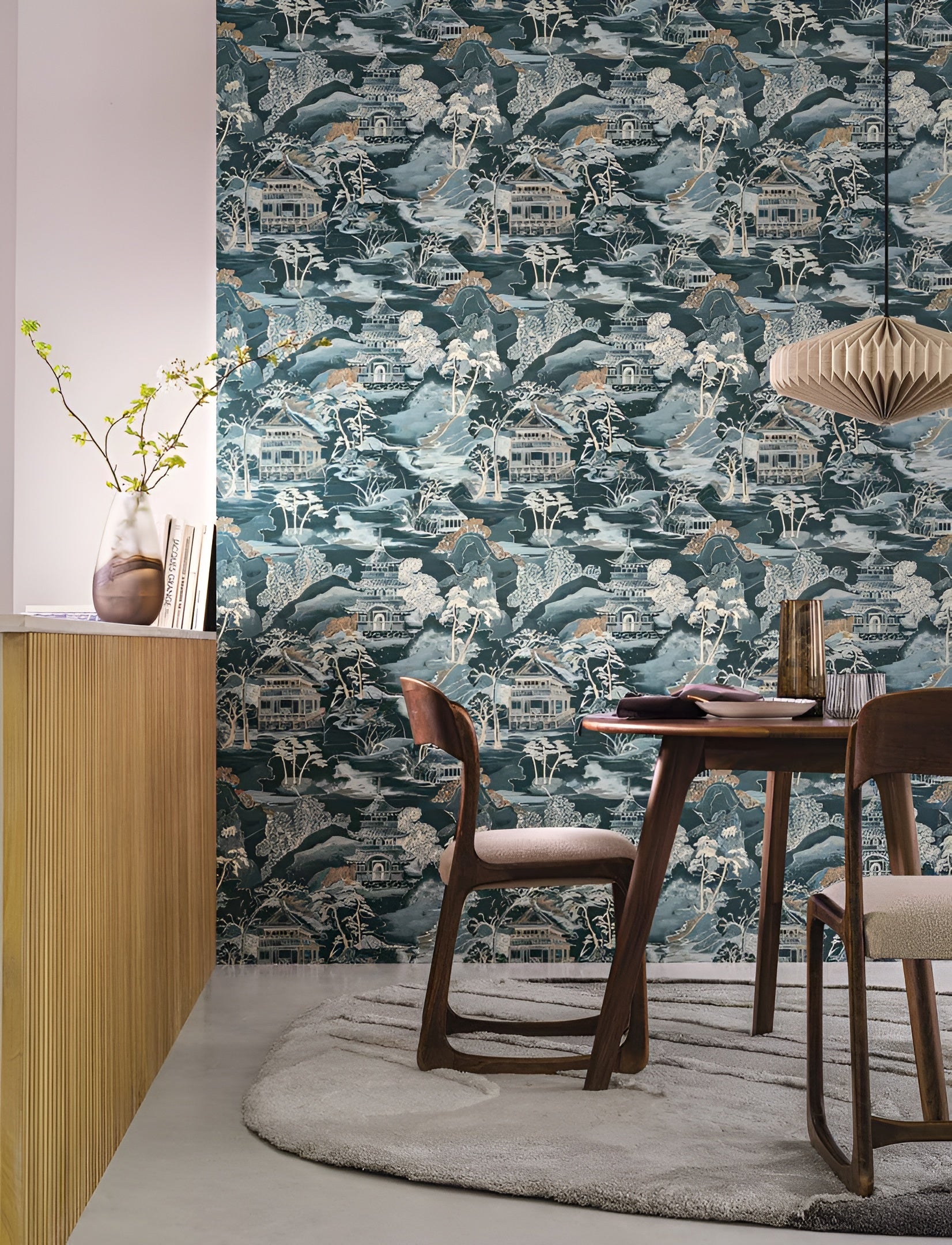 Structural wallpaper with an oriental landscape NARA - NOIR/MORDORE black with brown