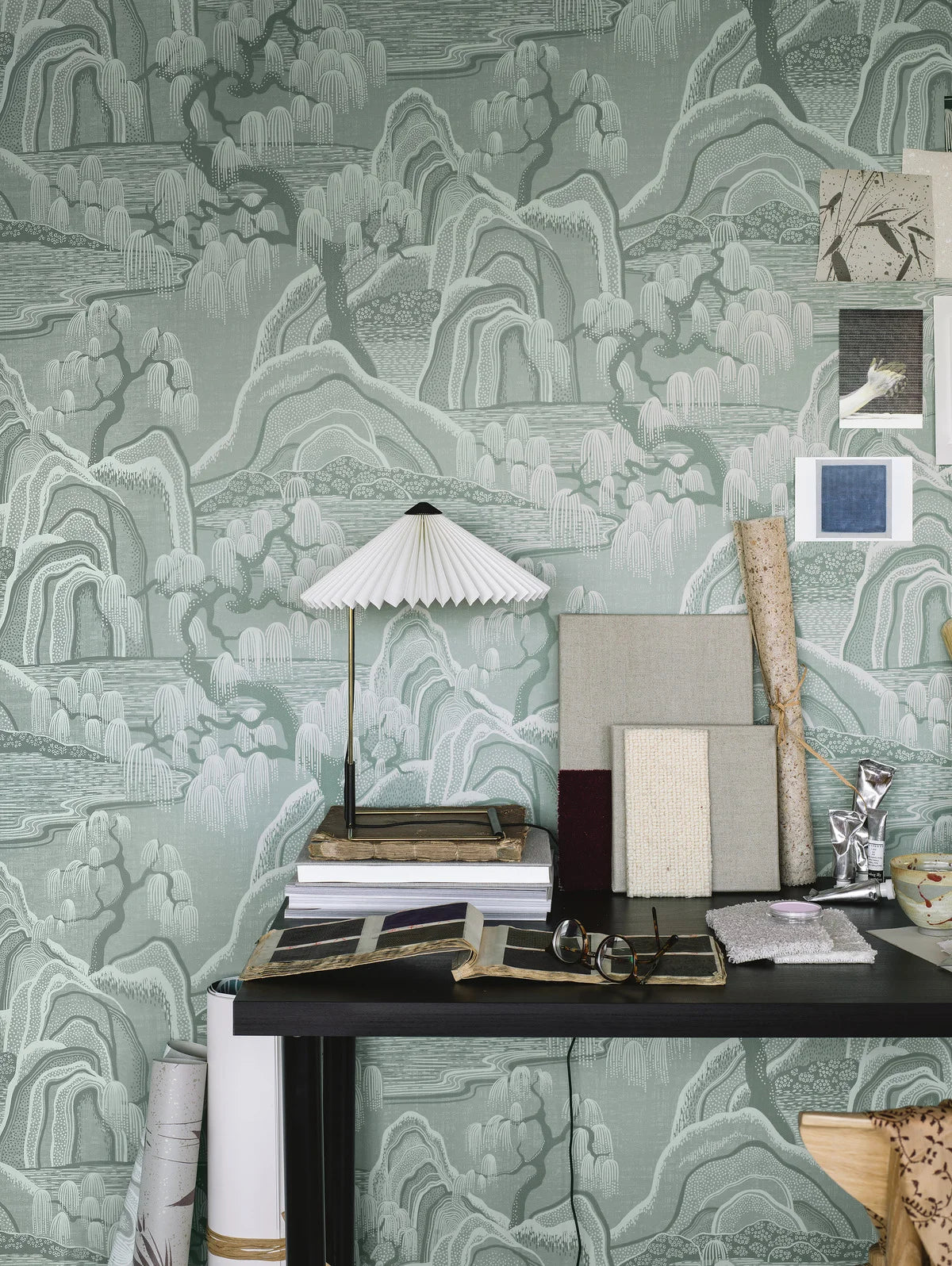 Non-woven paper wallpaper with landscape INDIGO GARDEN light green