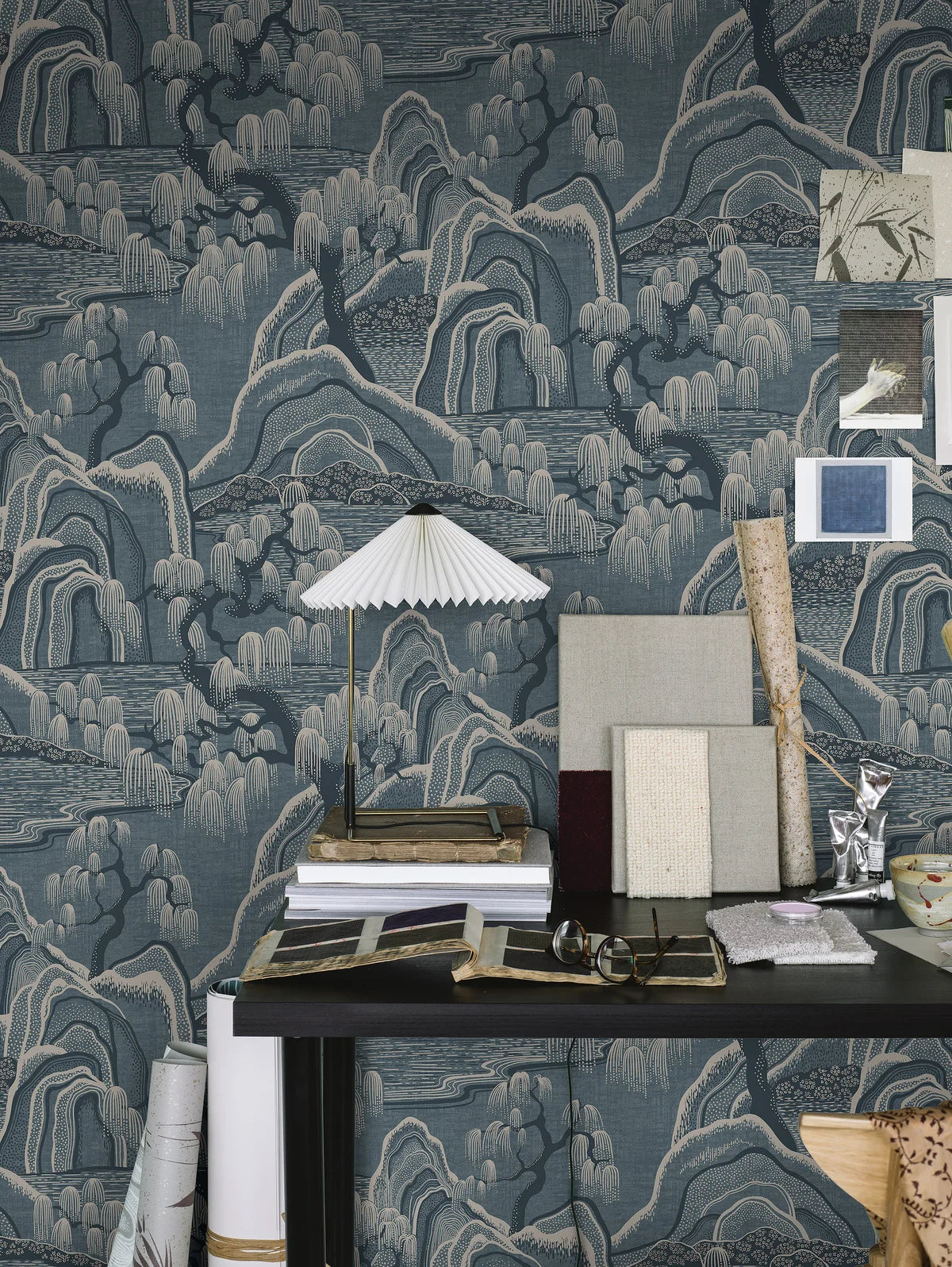 Non-woven paper wallpaper with landscape INDIGO GARDEN navy blue with beige