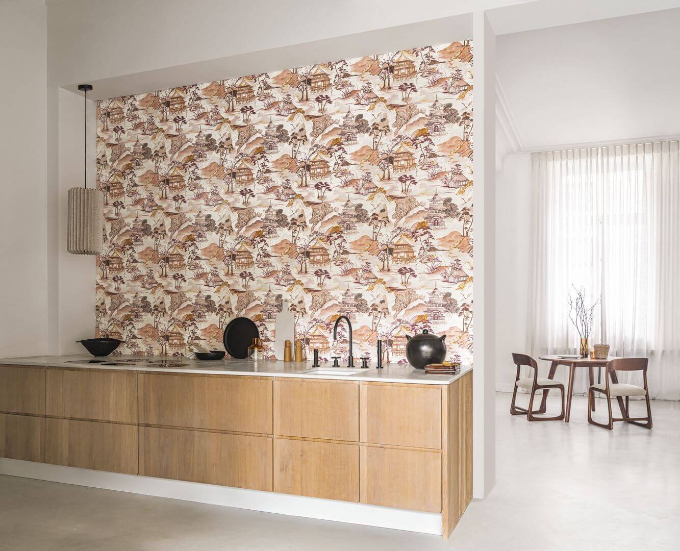 Structural wallpaper with an oriental landscape NARA - WHITE/BROWN