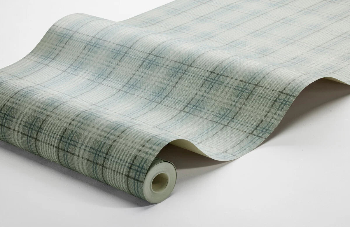 Tapete mit geometrischem Muster in schottischem Karomuster TAILOR’S TWEED türkis mit beige