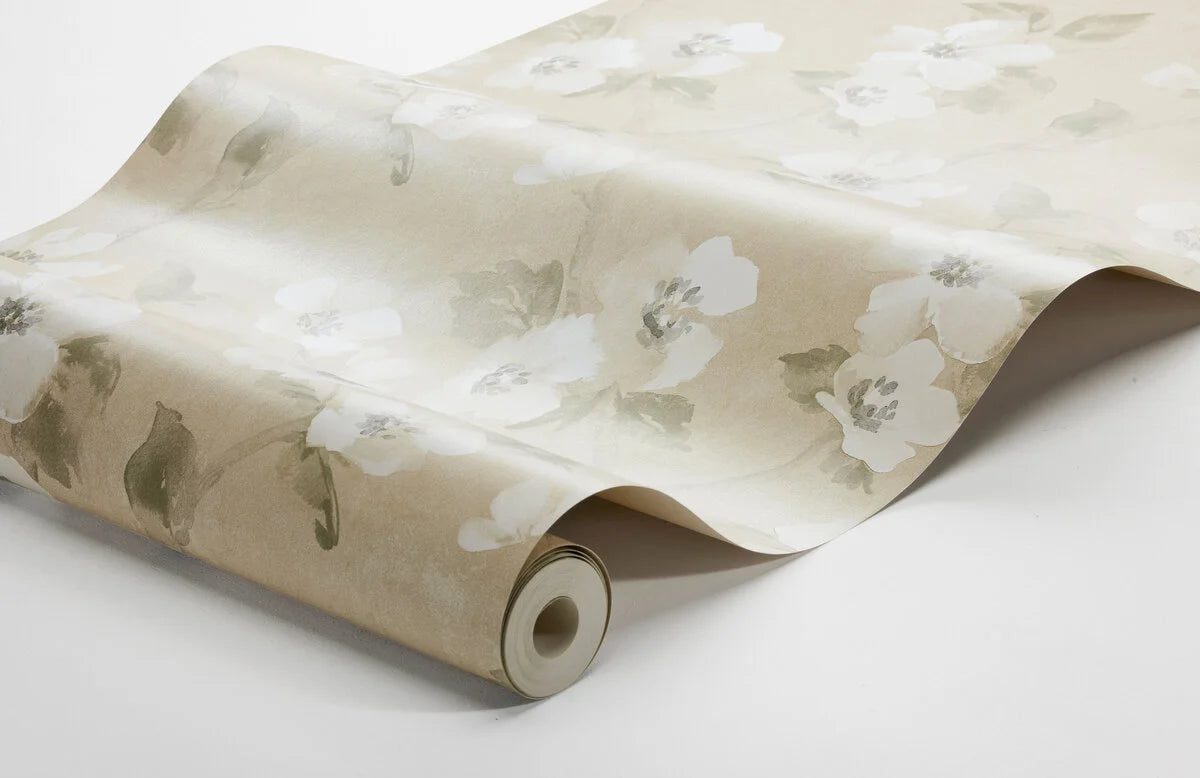 HELEN'S FLOWER wallpaper with a floral pattern in muted yellow and white