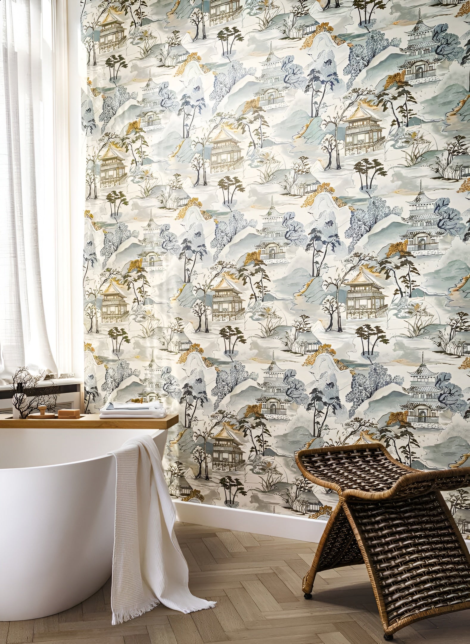 Structural wallpaper with an oriental landscape NARA - PETROLE navy blue