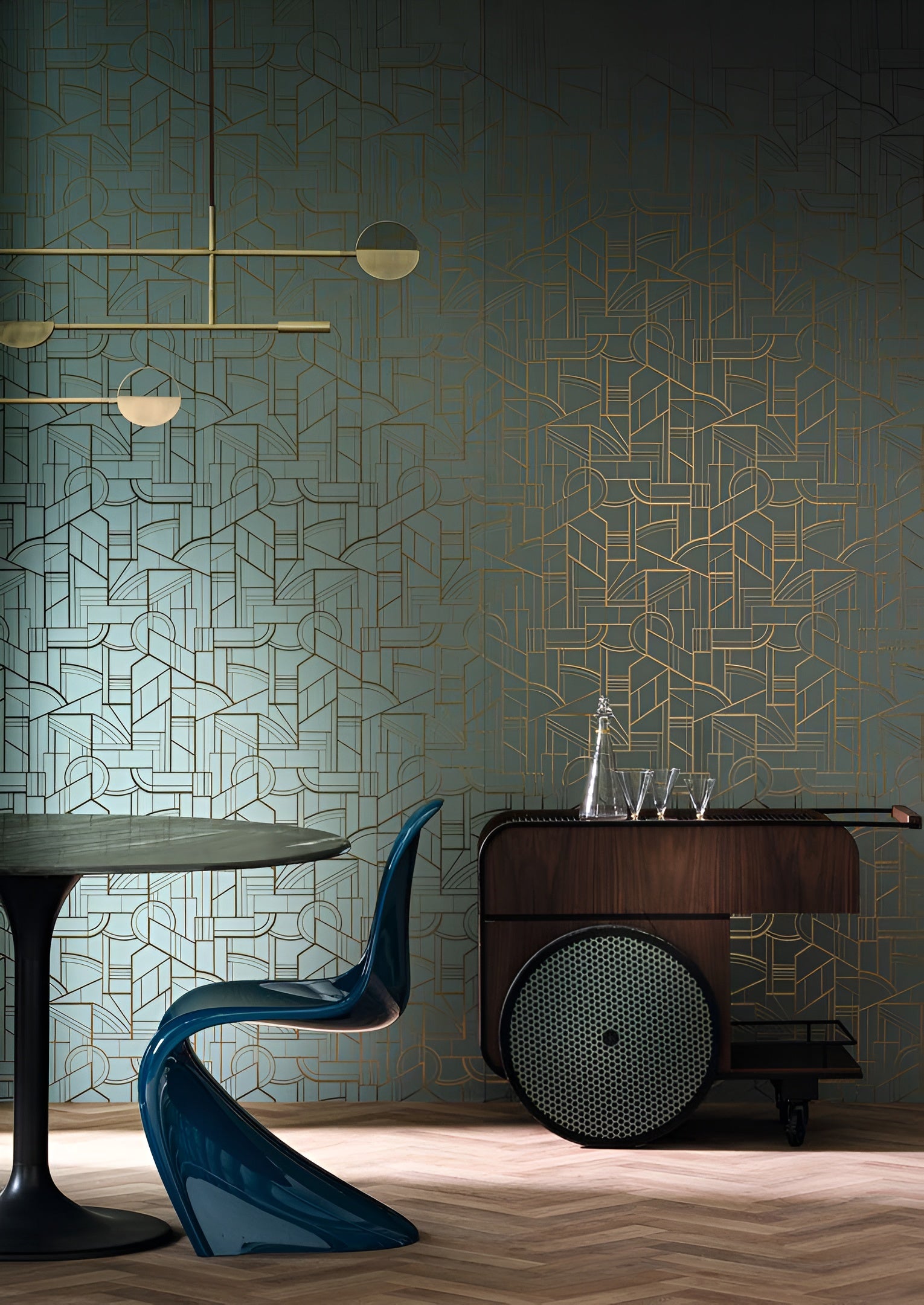 Metallic textile wallpaper with an Art Deco geometric pattern REIMS - NOIR DE LUNE black with gold