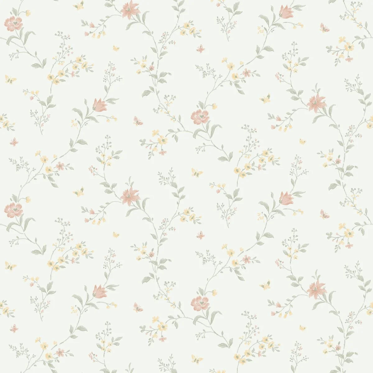 Non-woven paper wallpaper with a floral pattern VIKTORIA, off-white with green