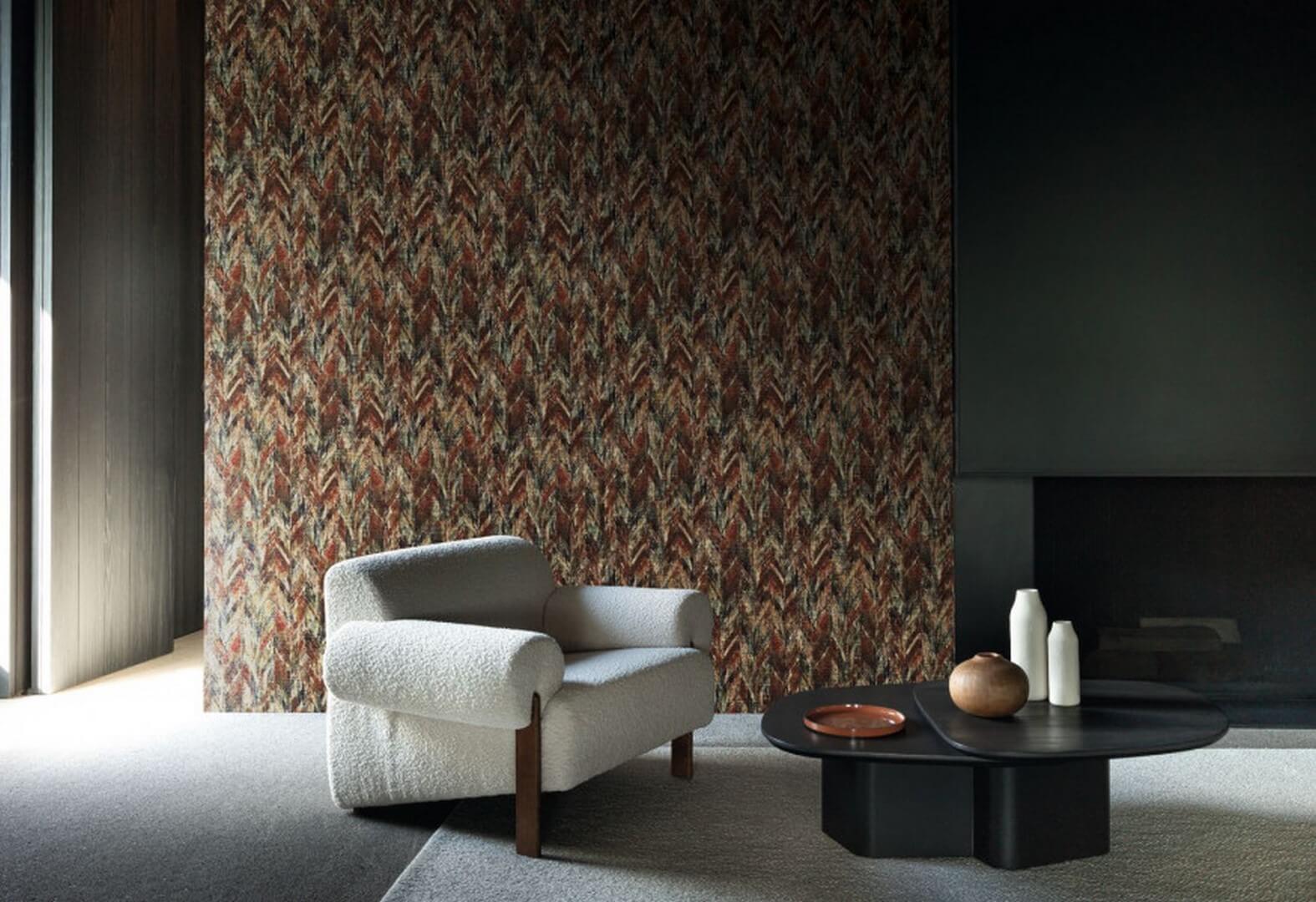 Textile structural jacquard wallpaper with abstract pattern ARAPAHO - SABLE PIERRE- BLEUE beige with blue