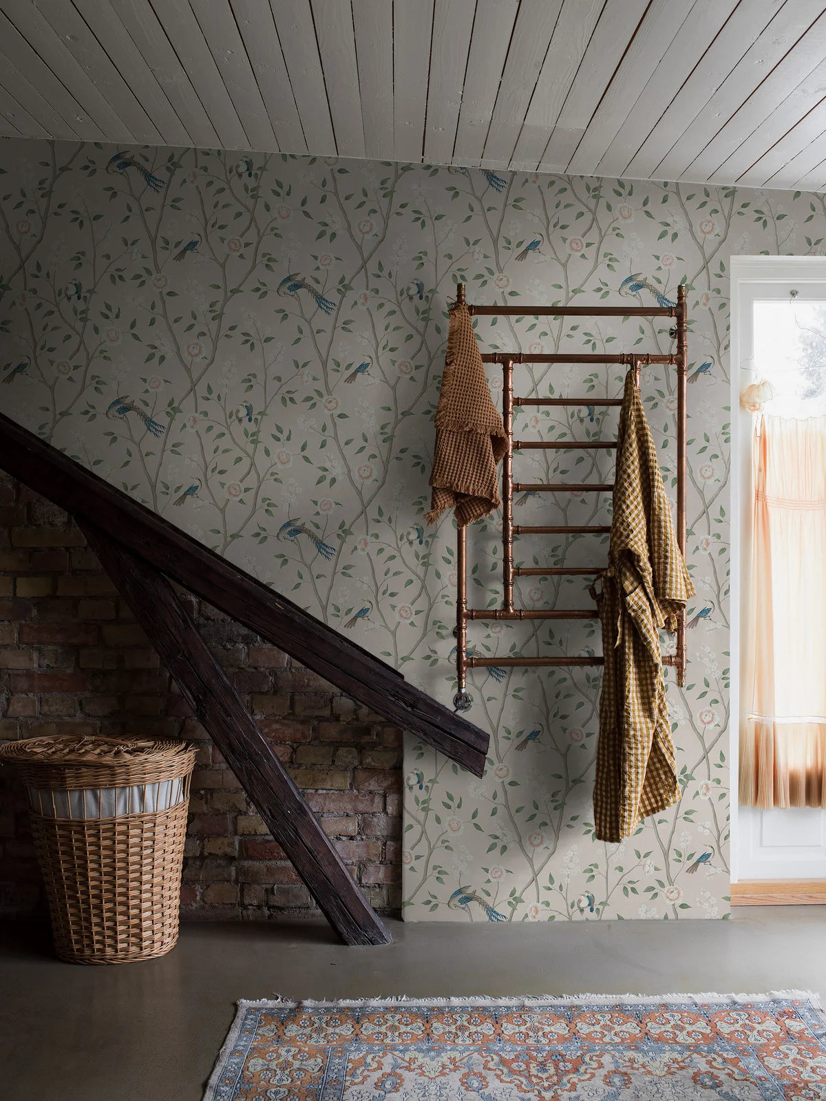 Non-woven paper wallpaper with a botanical pattern PARADISE BIRDS beige with green and pink