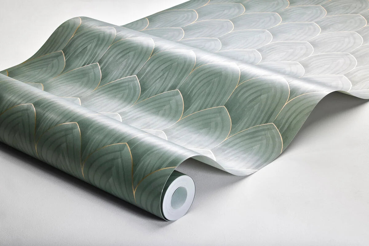 Wallpaper with a geometric pattern of arches GOLDEN ARCHES green