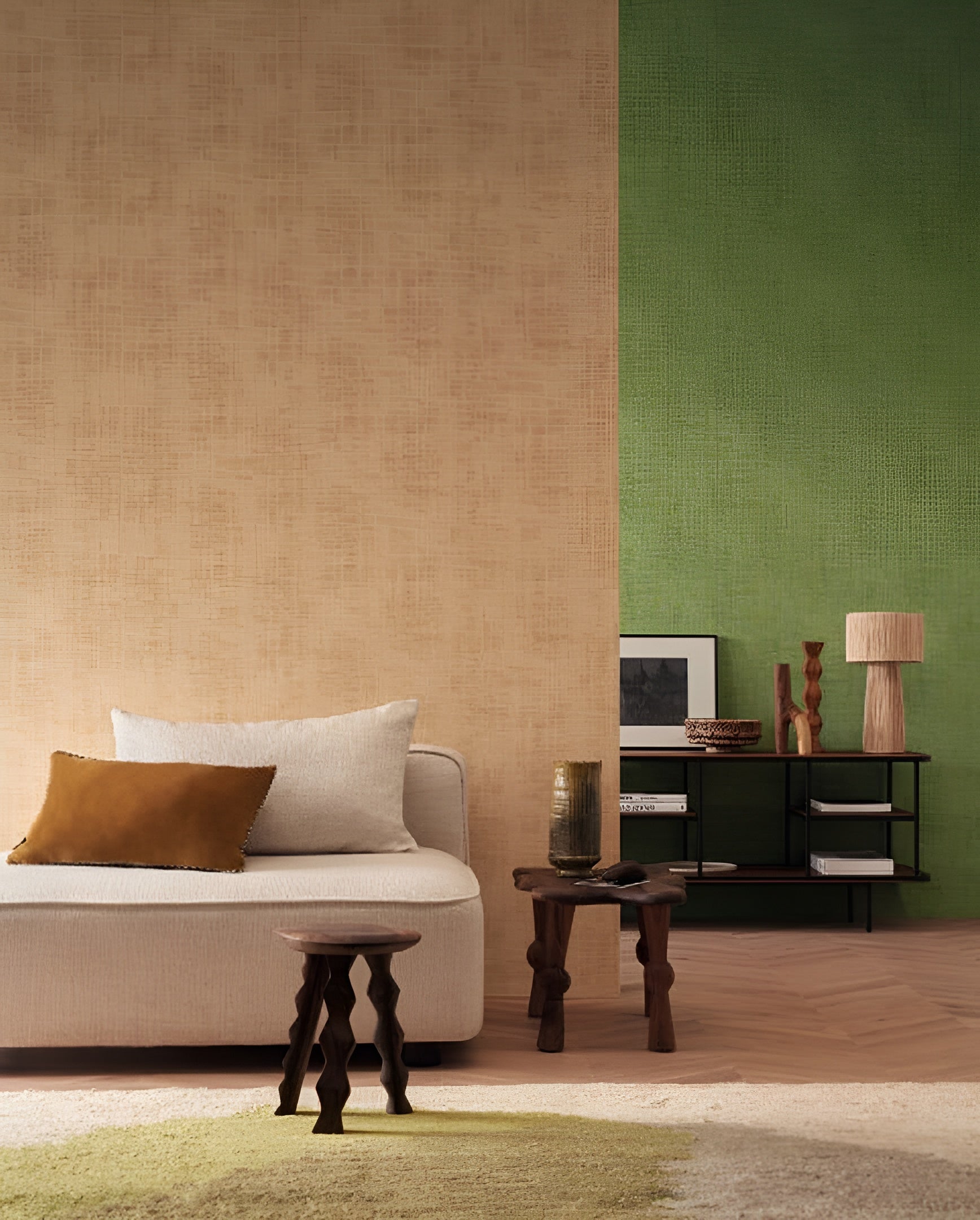 Structural wallpaper imitating worn canvas JOHARA - VERT DE GRIS gray with green