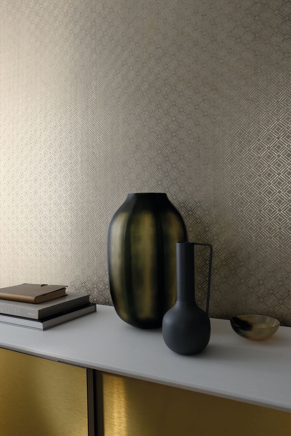 Metallic wallpaper with geometric pattern KHEOPS - VERT D'EAU green with blue