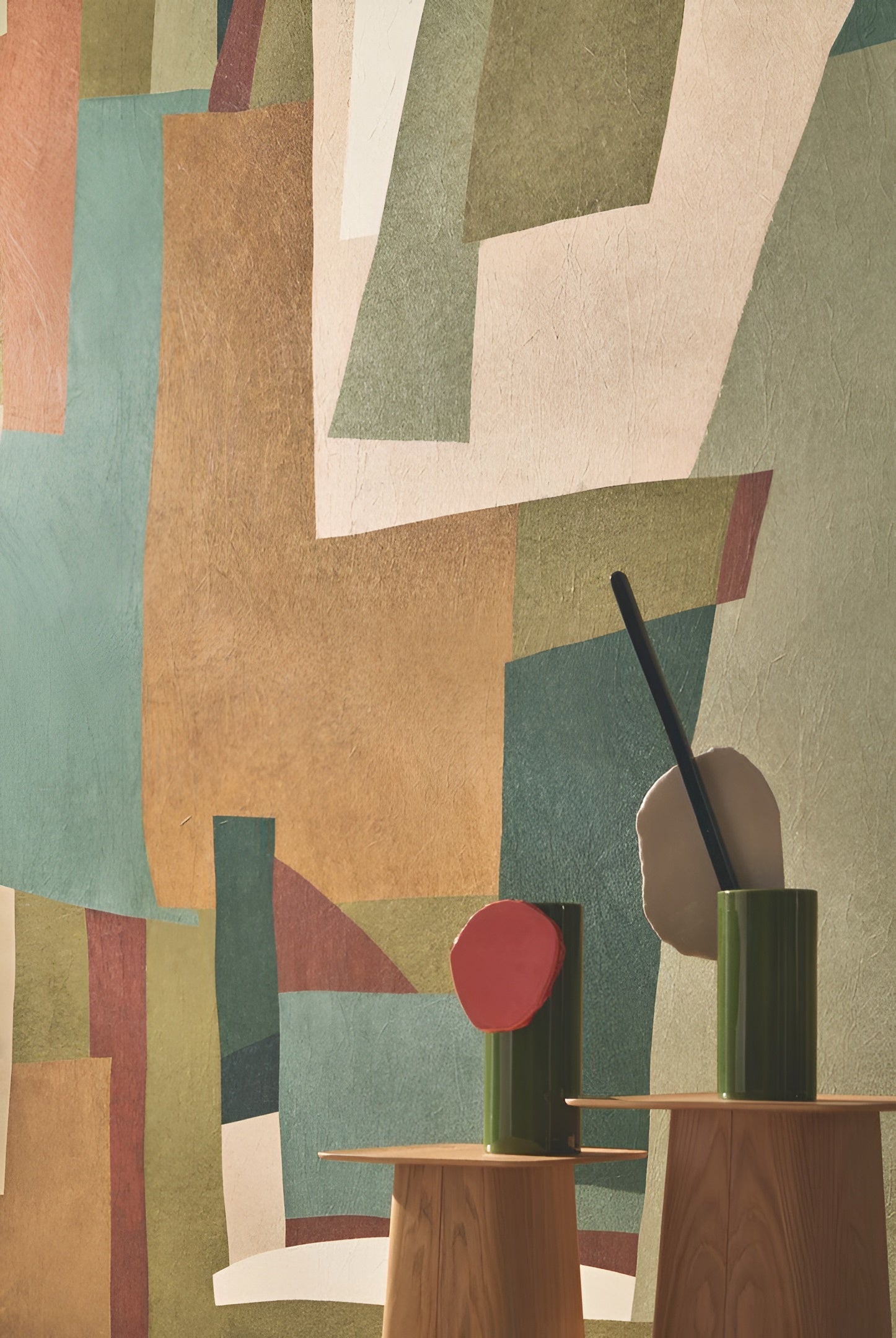 Textile mural with abstract VERNISSAGE motif - MULTICOLORE green with beige and sea blue