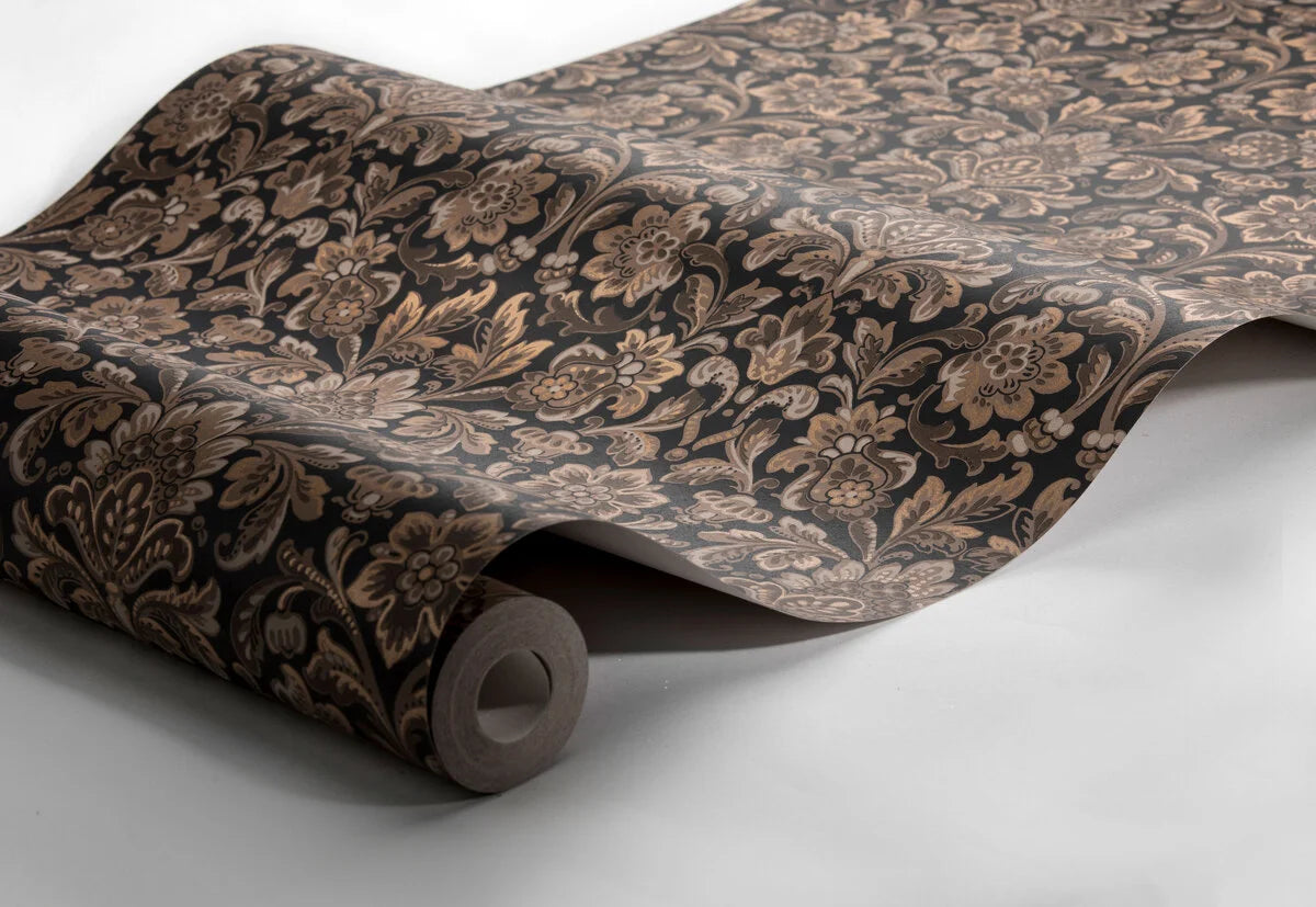 Non-woven paper wallpaper with a plant pattern FOGLAVIK brown with black