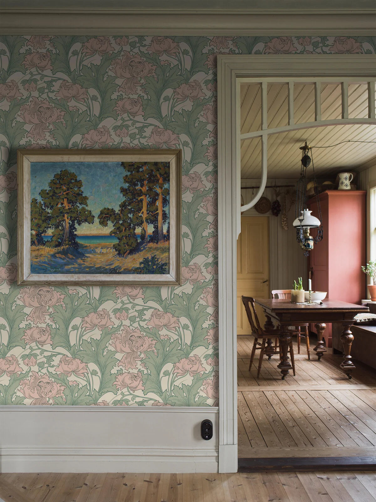 Vlies-Tapete mit pflanzlichem Muster SIRI in Pastellrosa mit Beige und Grün