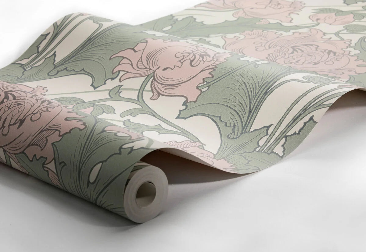 Non-woven paper wallpaper with a floral pattern SIRI in pastel pink with beige and green