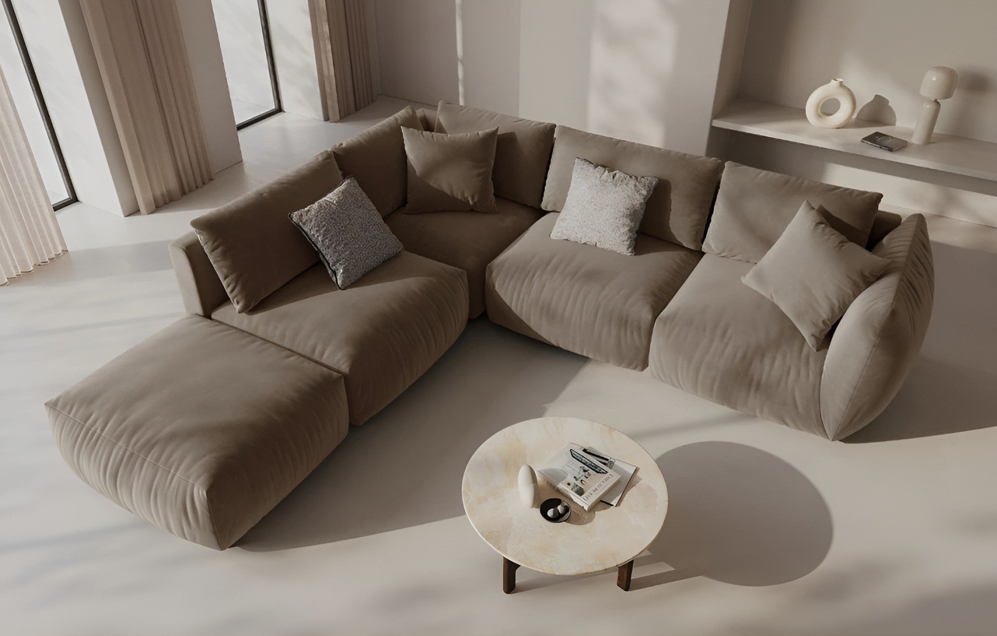 Velvet corner sofa for 4 people right-facing CHRIS light brown