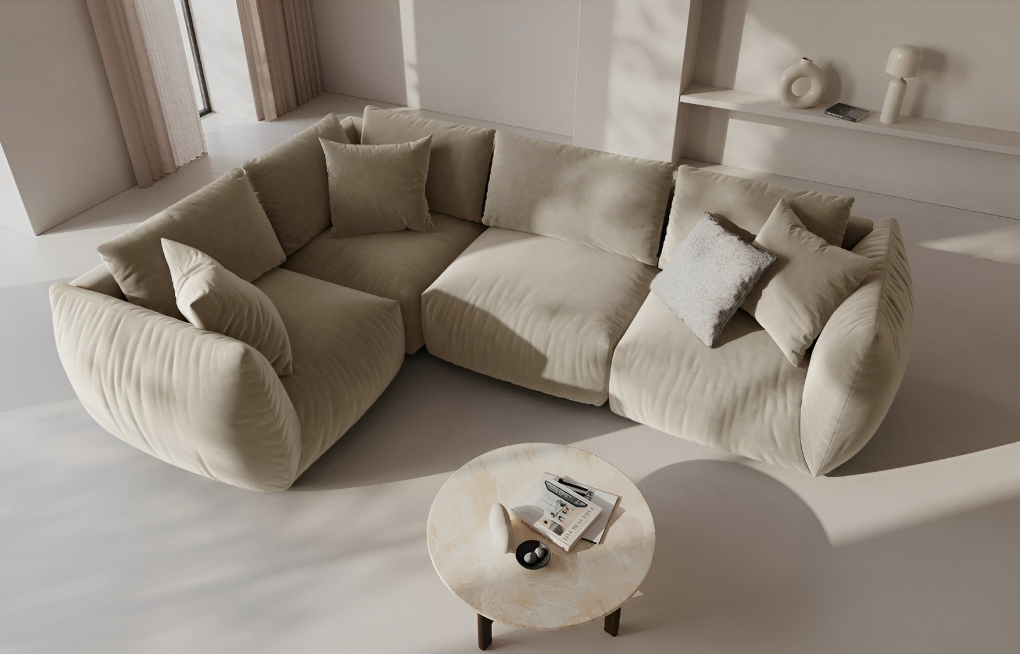 Velvet corner sofa for 4 people right-facing CHRIS sand