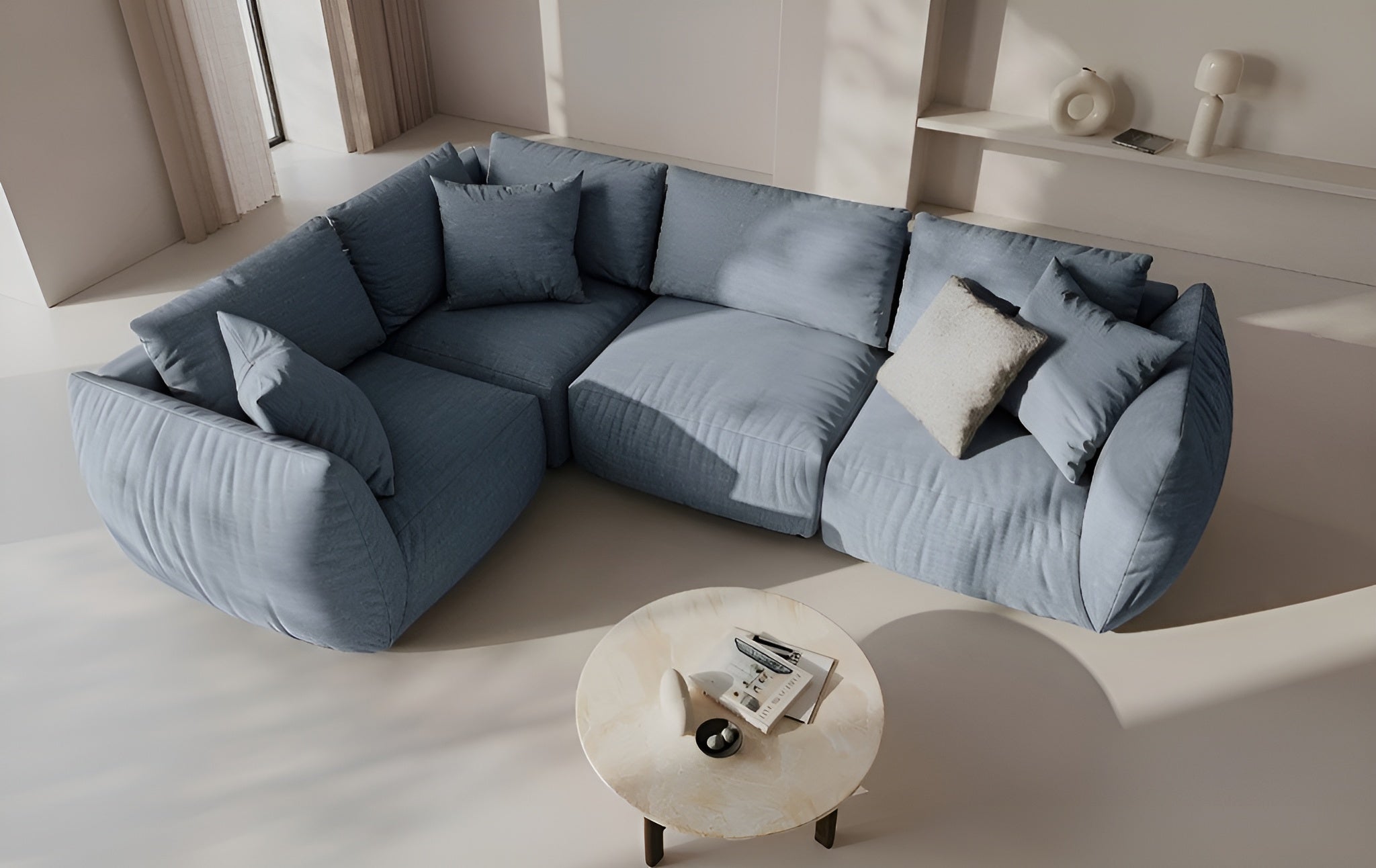 4-sitziges linksseitiges Ecksofa CHRIS in hellblauem Chenille