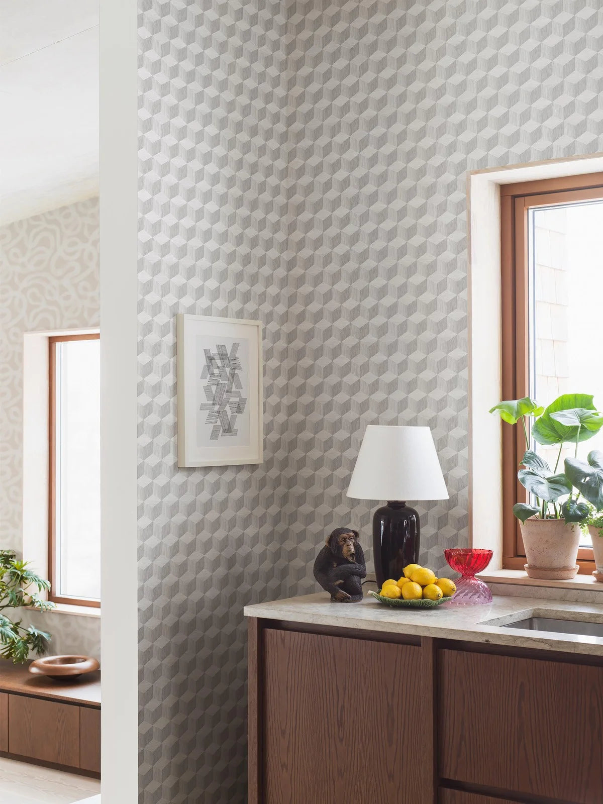 Non-woven paper wallpaper with geometric pattern CUBE gray