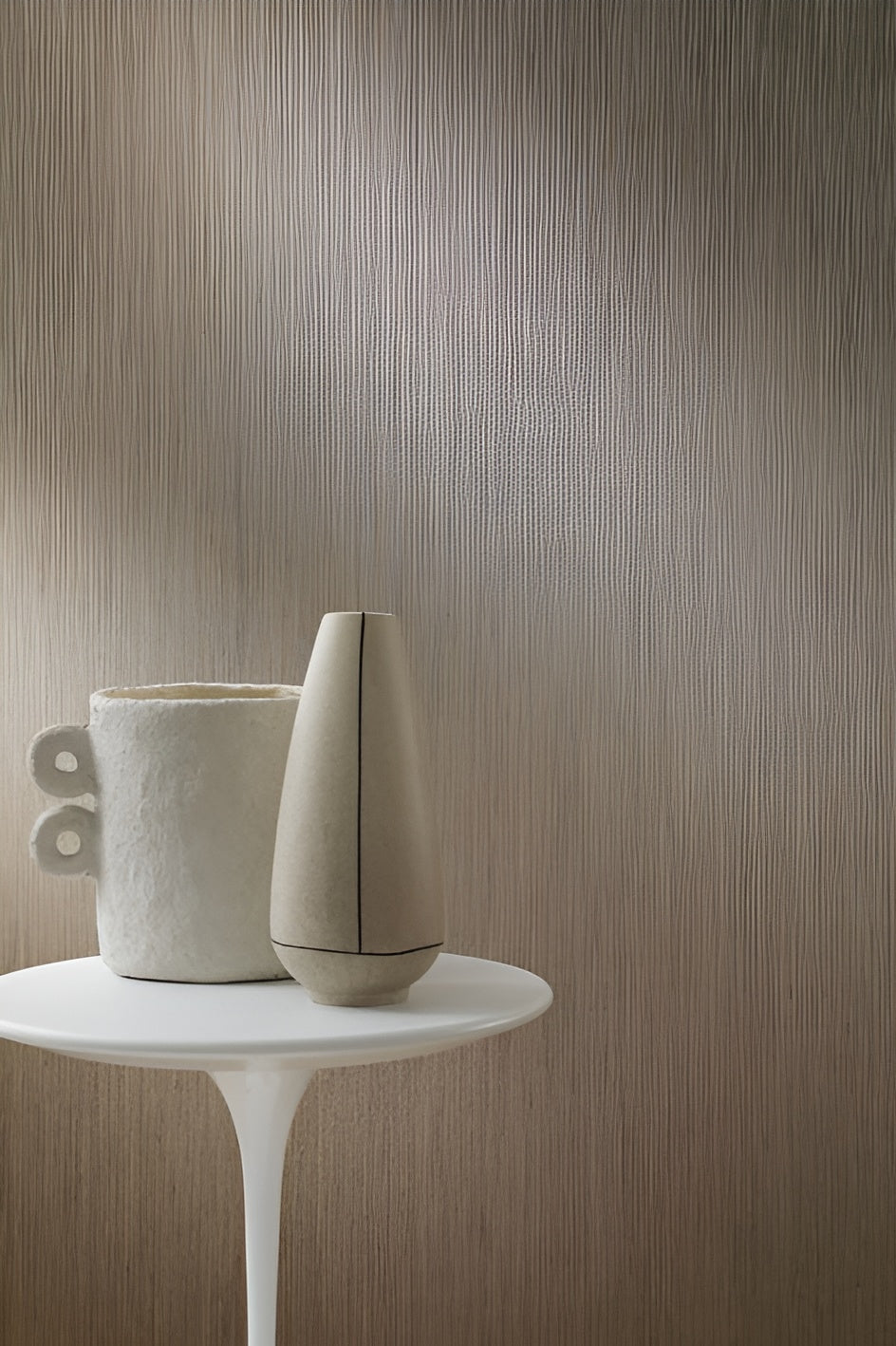 Textile wallpaper with structural vertical stripes JUSSIEU - CLOUD GRAY with beige