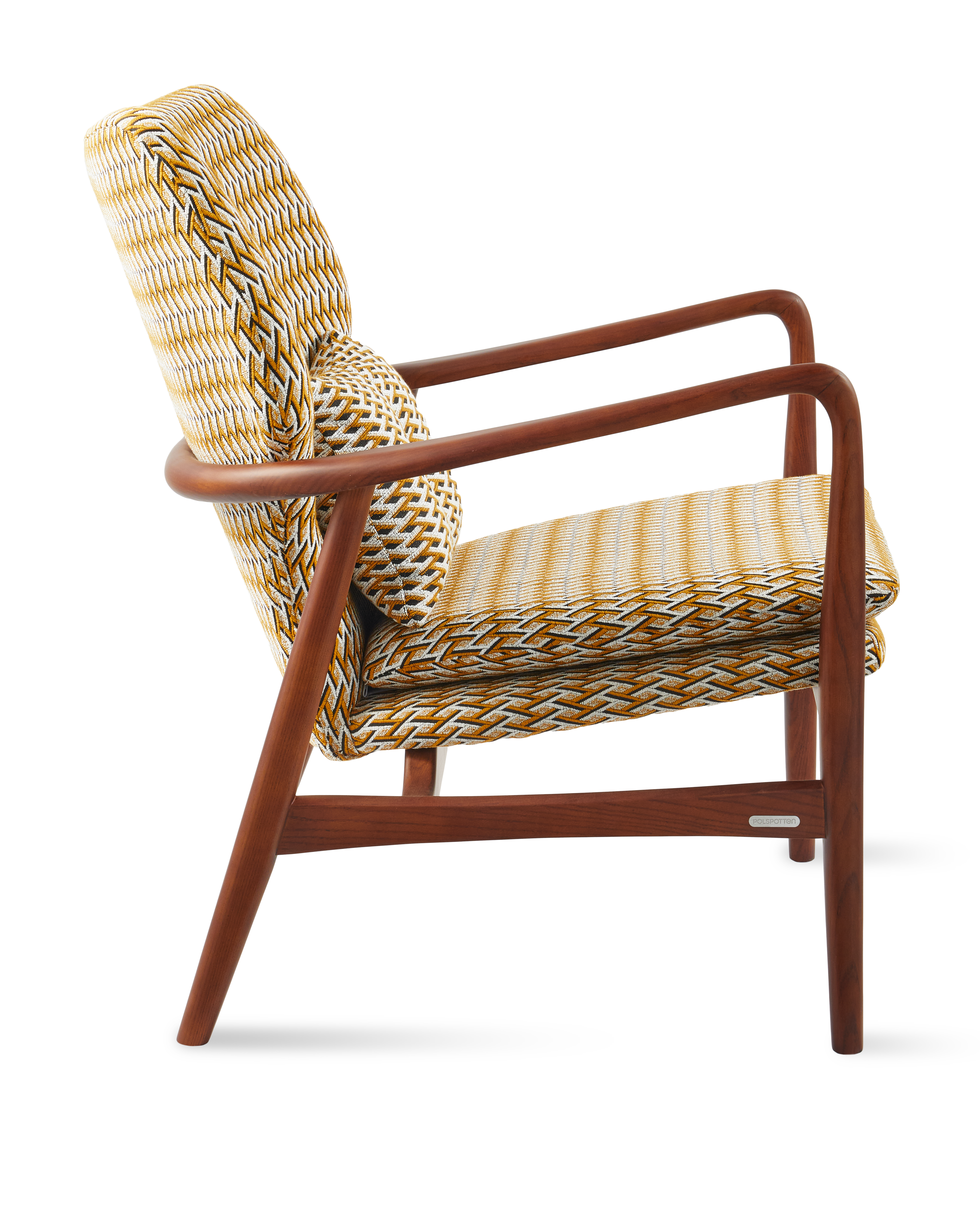 Sessel PEGGY in Lila mit geometrischen Mustern und Holzfuß