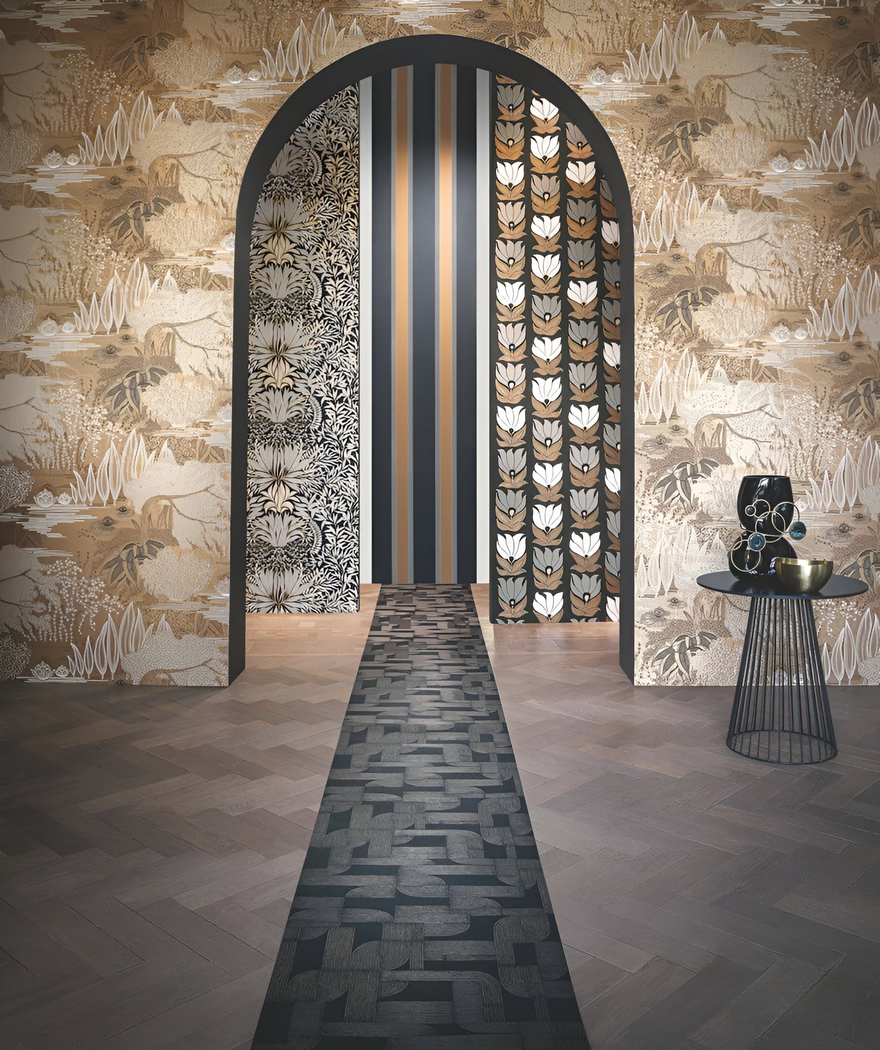 Wallpaper with a plant landscape of a water garden JASMIN - ENCRE/CUIVRE black with brown