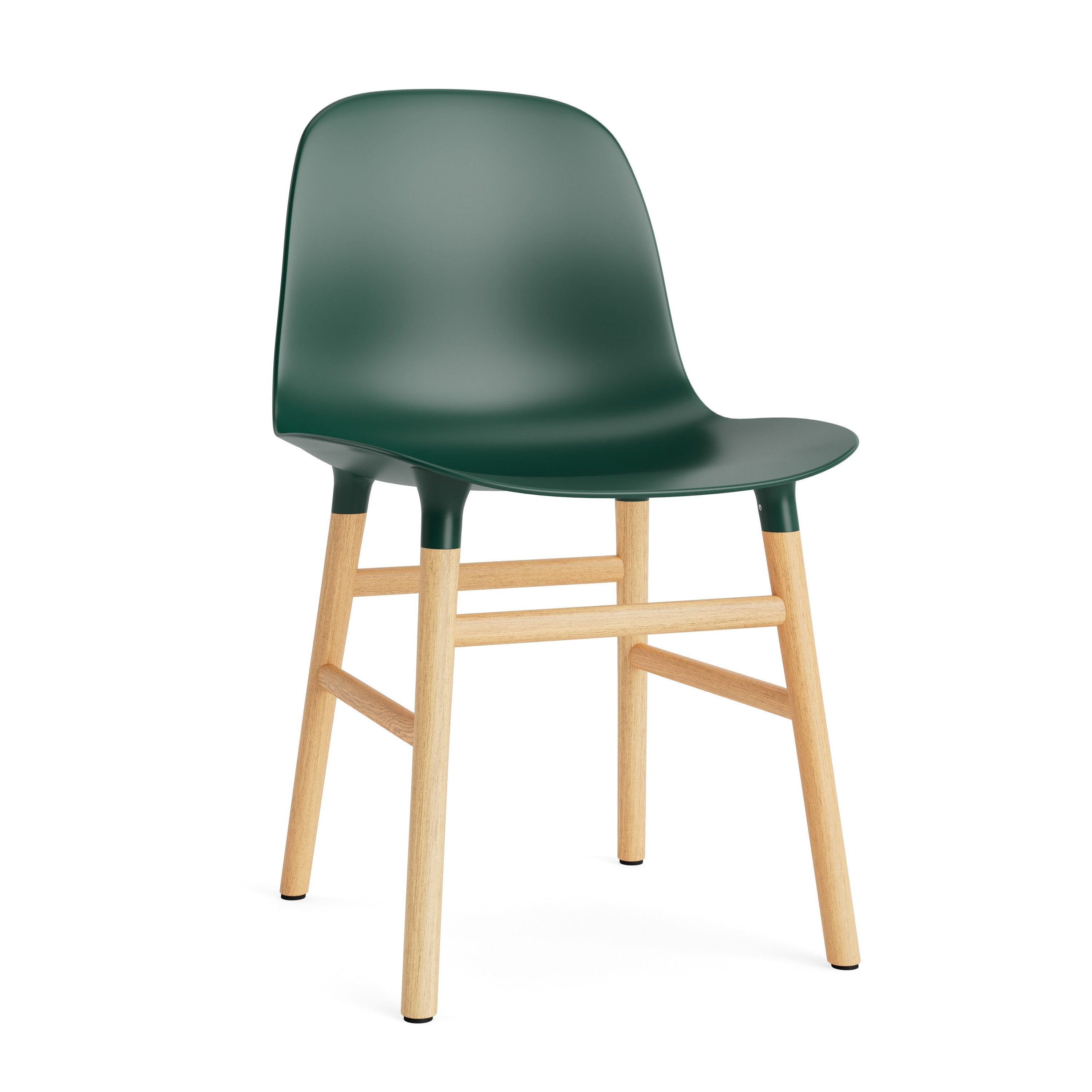 A chair of green forms with an oak base