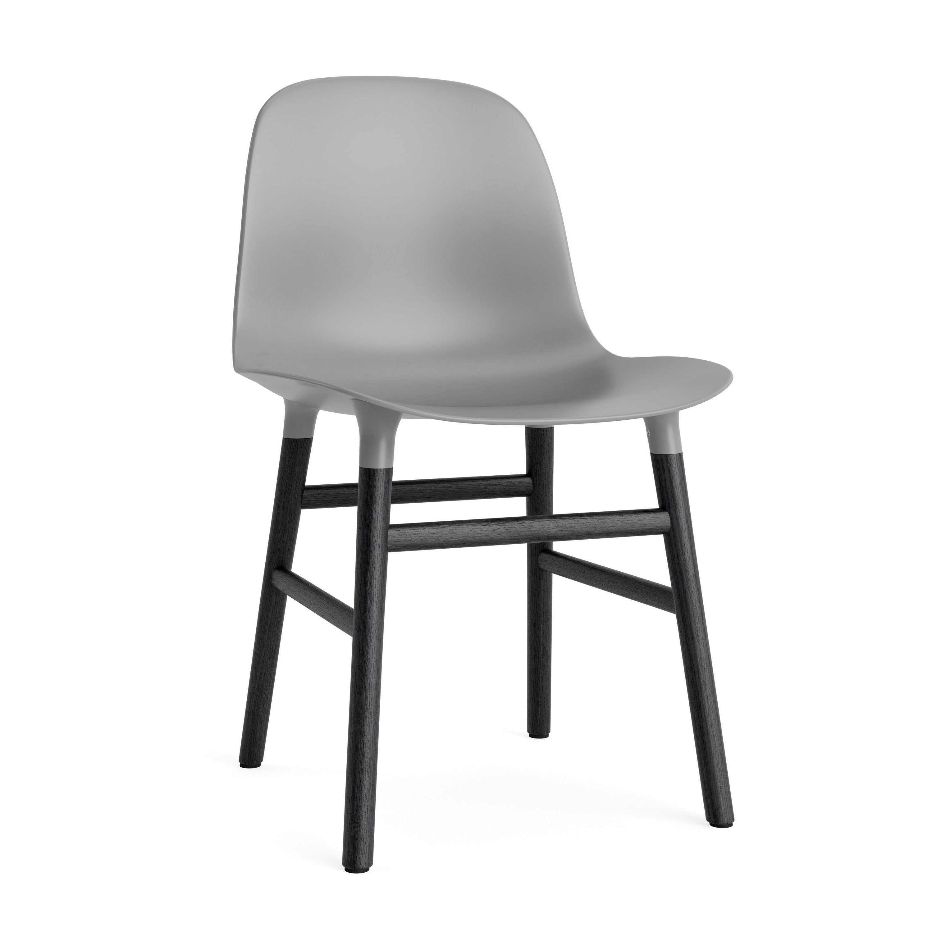 A chair of gray forms with a black oak base