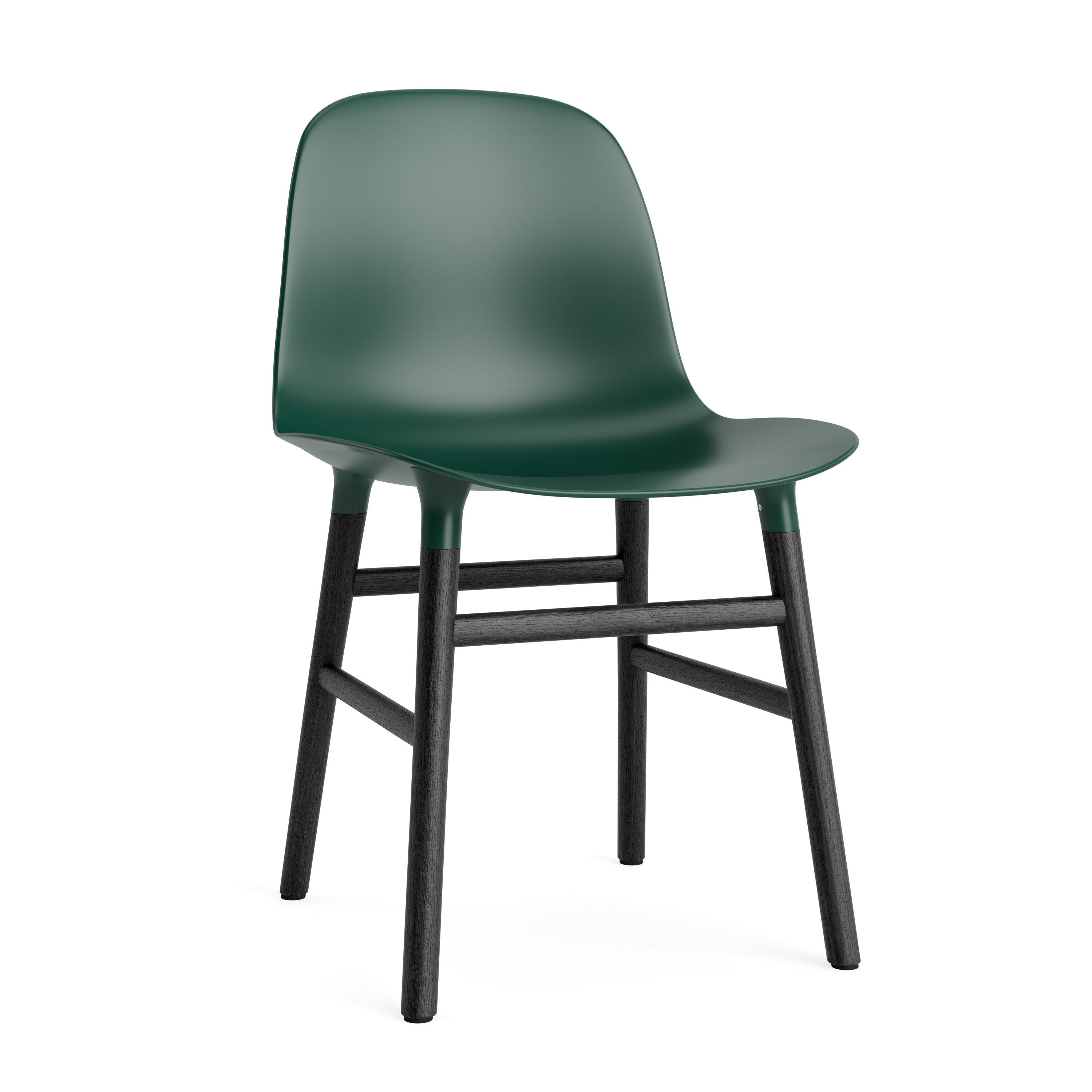 A chair of green forms with a black oak base