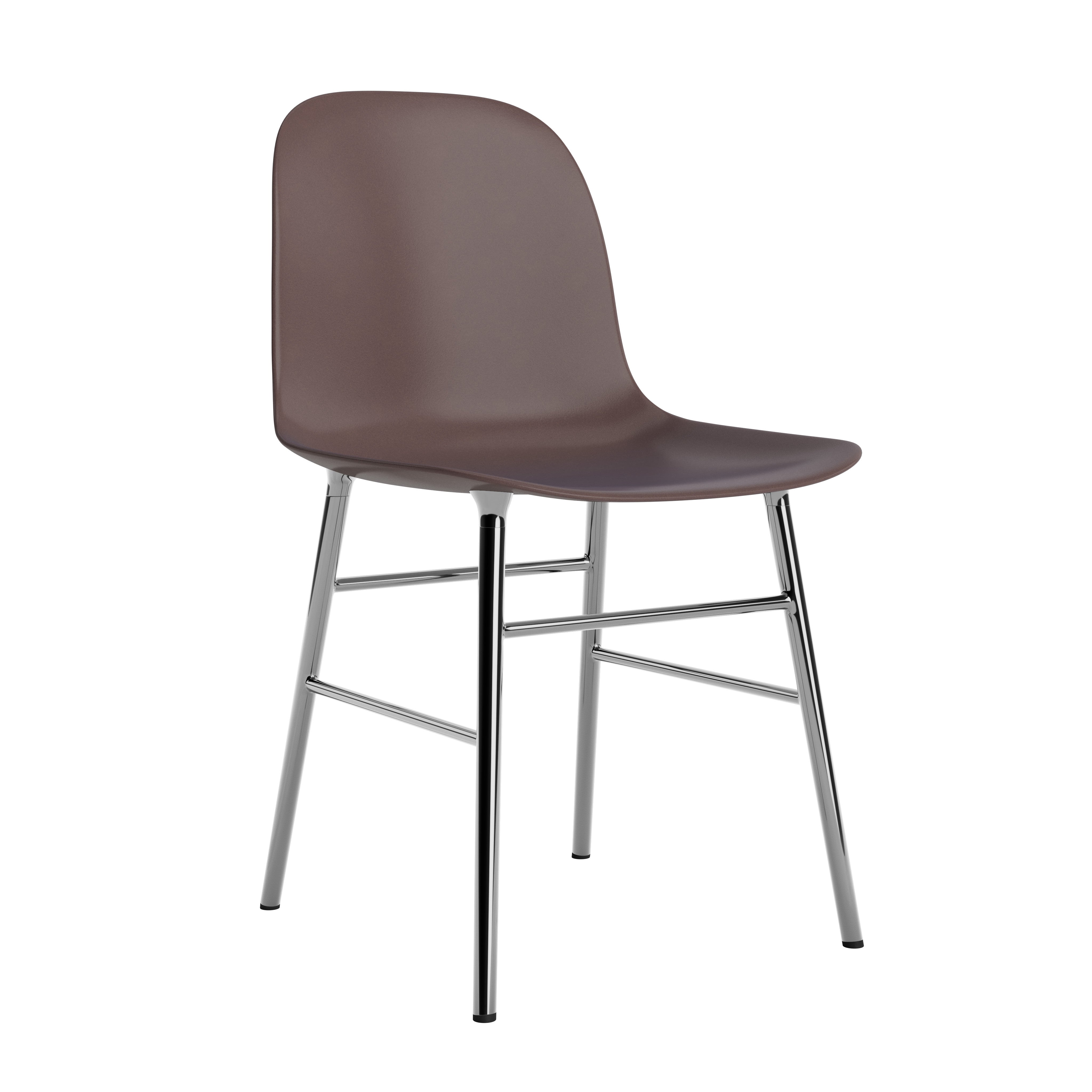 A chair of brown forms with a chrome base