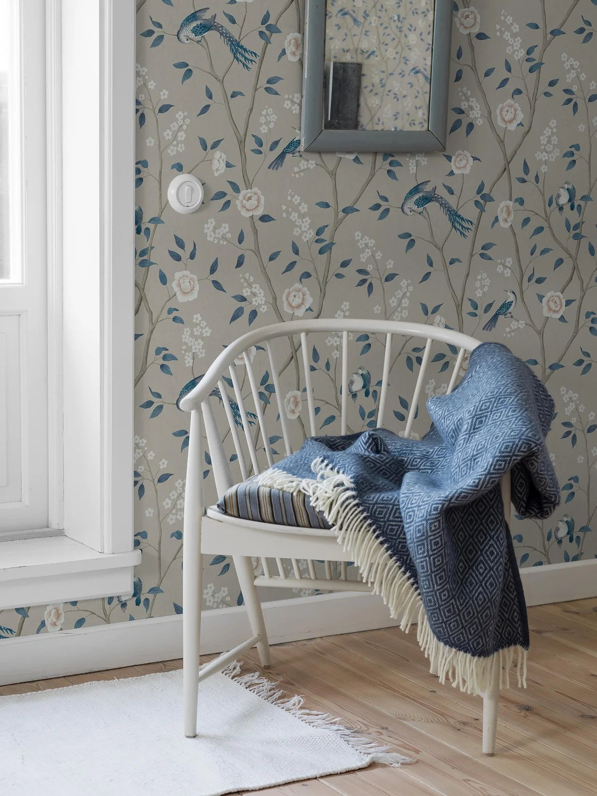 Non-woven paper wallpaper with a botanical pattern PARADISE BIRDS dark beige with blue