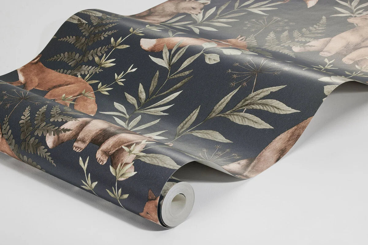 Wild Forest Black Children's Wallpaper with Plant and Animal Motif