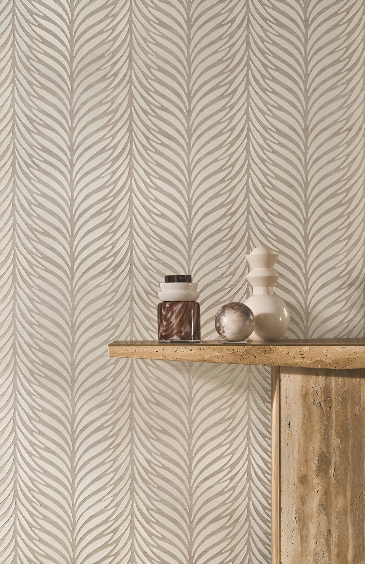 Embroidered structural textile wallpaper with leaf motif ORNAMENTA - TABAC NATUREL tobacco brown with beige