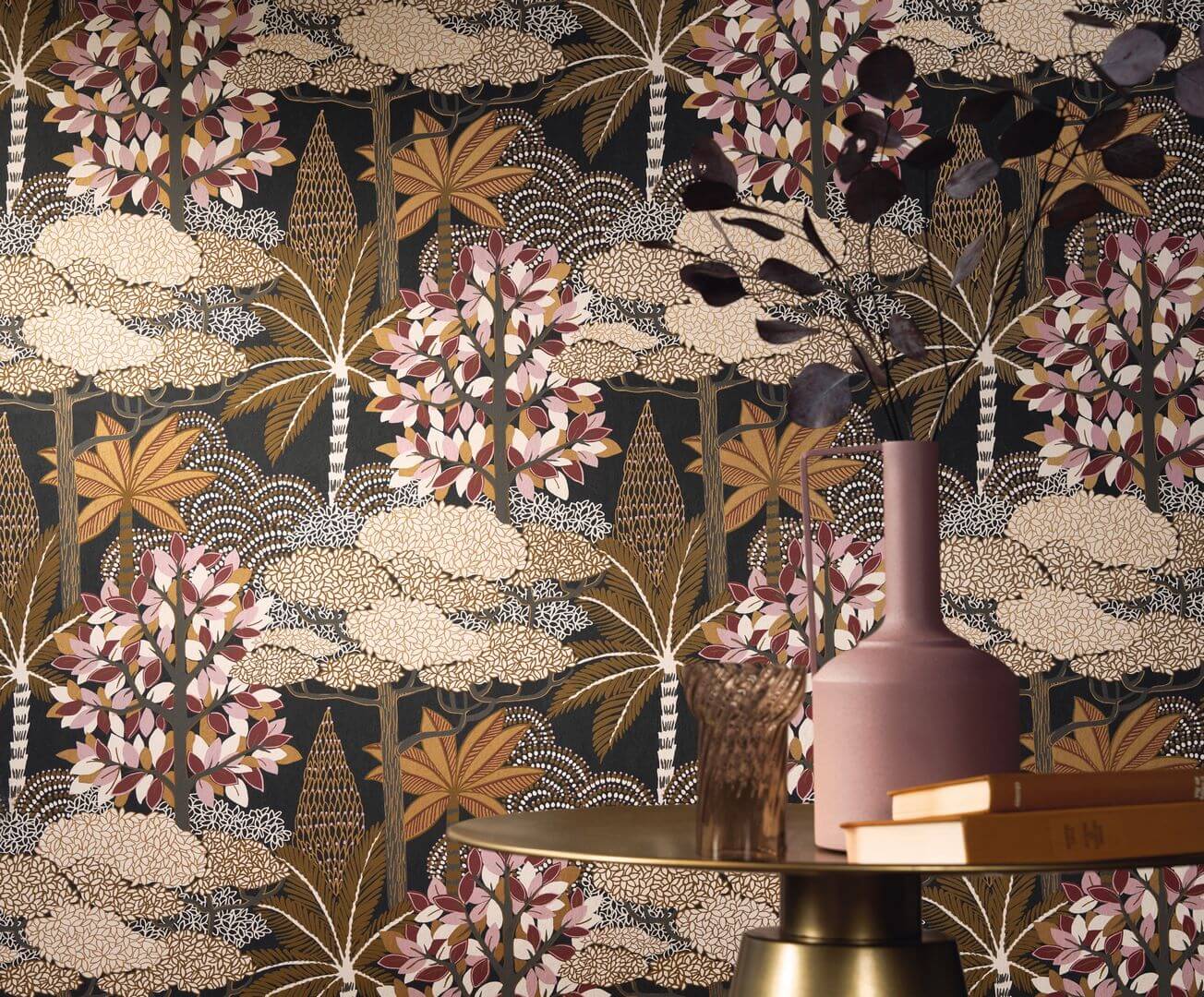 Metallic Wallpaper with Plant Motif MARAKANDA - ANTHRACITE/GARNET anthracite with gold