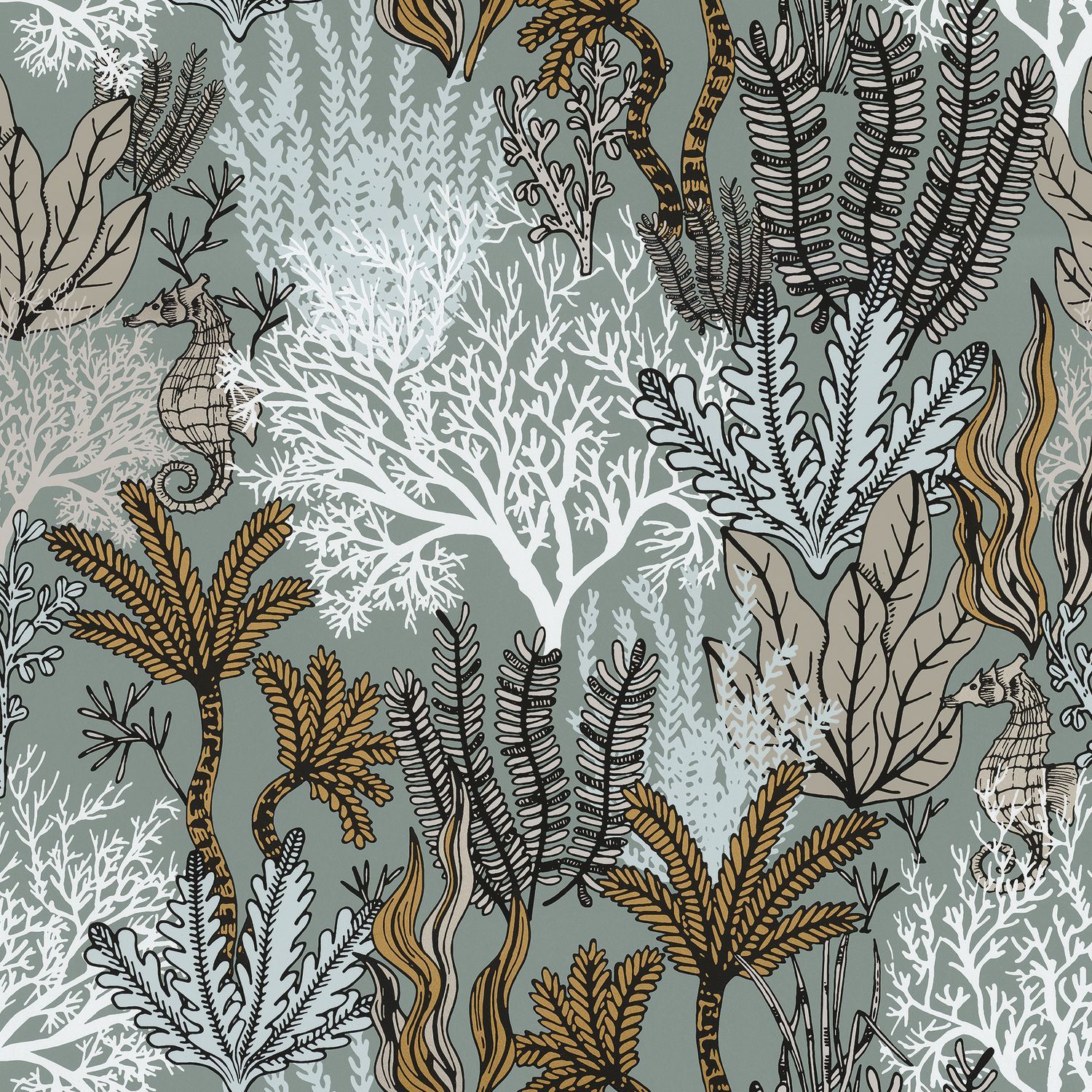 Seaweed Pattern Wallpaper POSIDONIE - Celadon Green with White