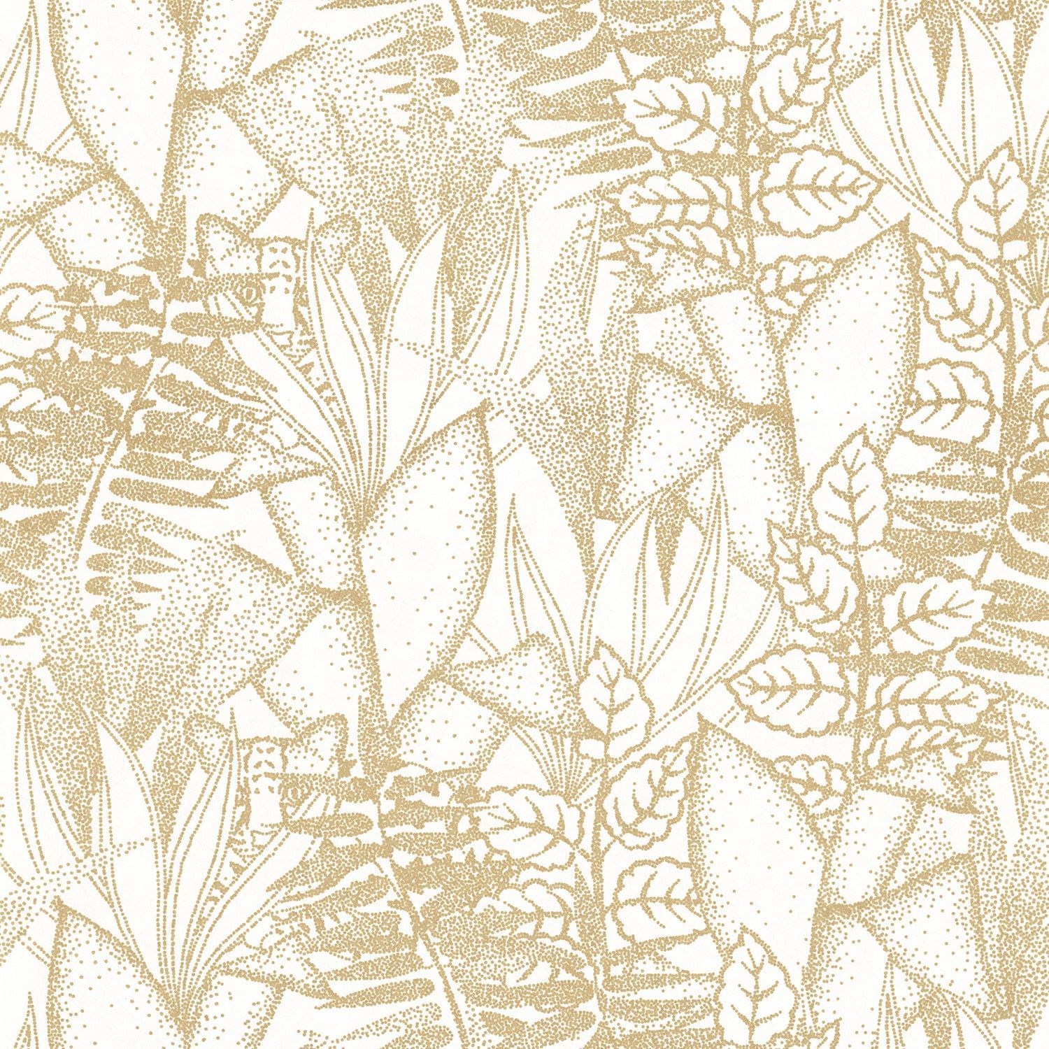 Structural wallpaper with a tropical leaf pattern ALTAICA - BLANC white with gold