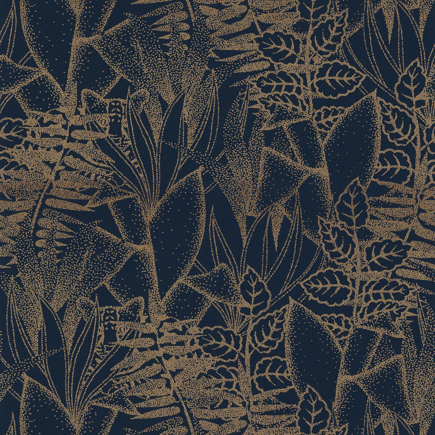 Structural wallpaper with a tropical leaf pattern ALTAICA - MARINE navy blue with gold
