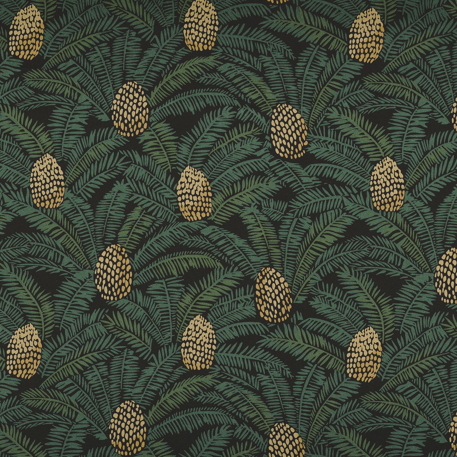 Structural wallpaper with a botanical motif PALMETA - SAPIN green with muted yellow