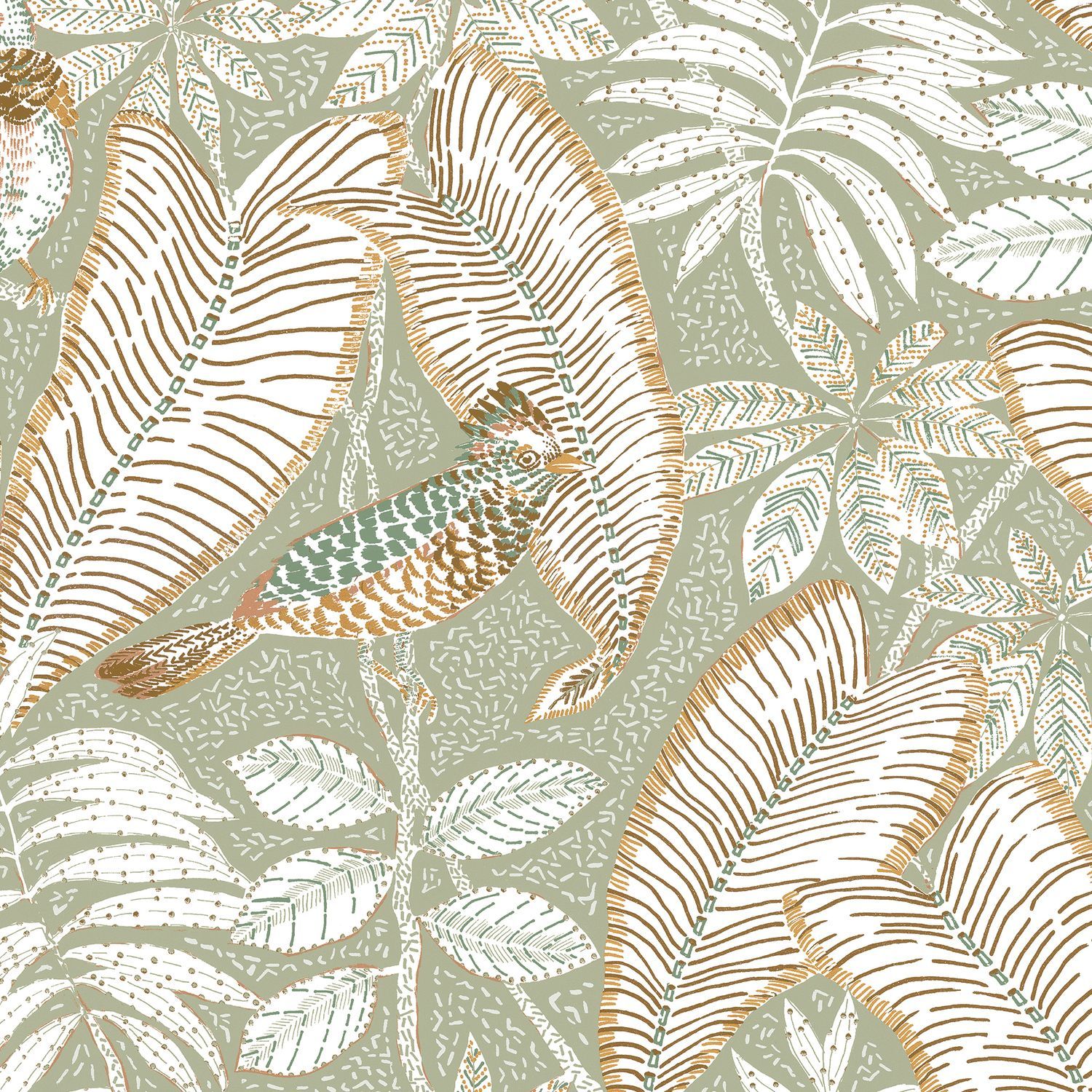 Structural wallpaper with a palm leaf plant motif SIBIA - AMANDE flickering green with white