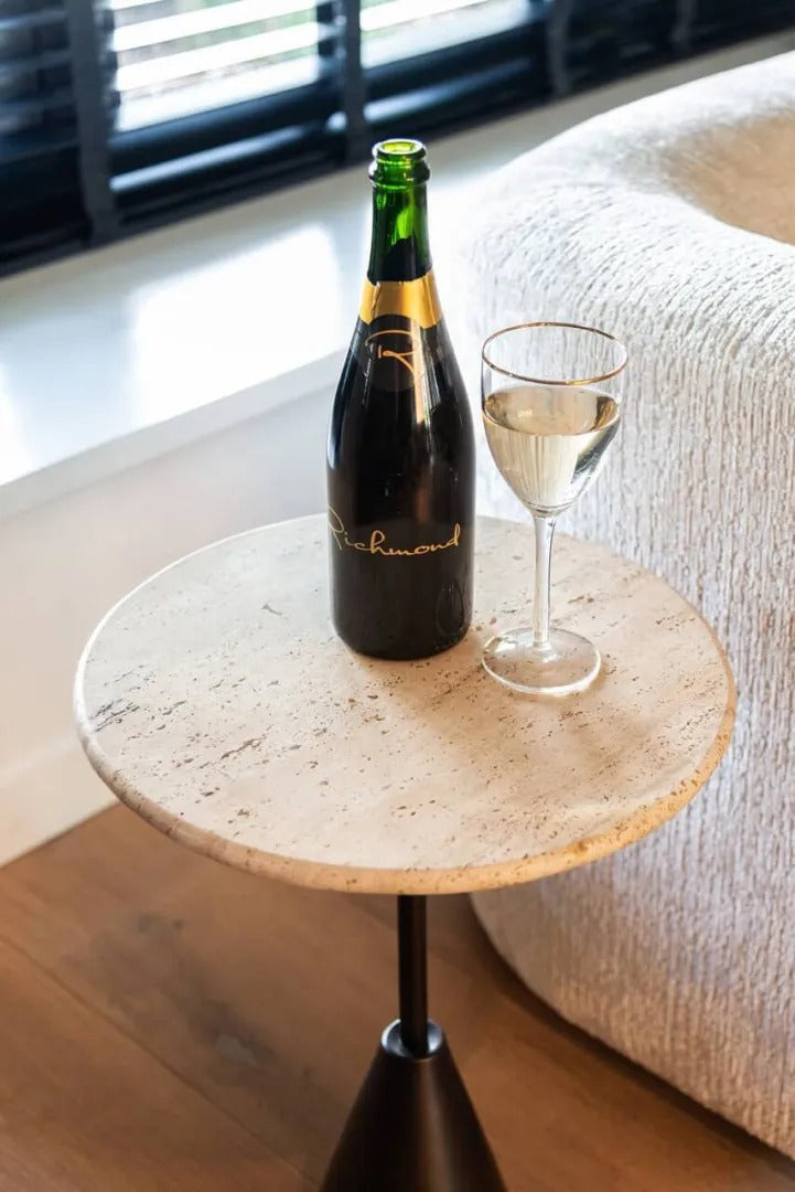 AVALON side table travertine with a brown base